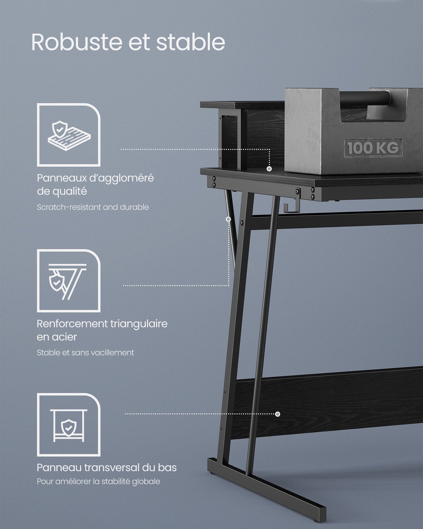 Bureau, Bureau Gamer, Bureau Ordinateur, Bureau PC, avec LED et Multiprise, pour 2 Ordinateurs, Noir, Vasagle, 1