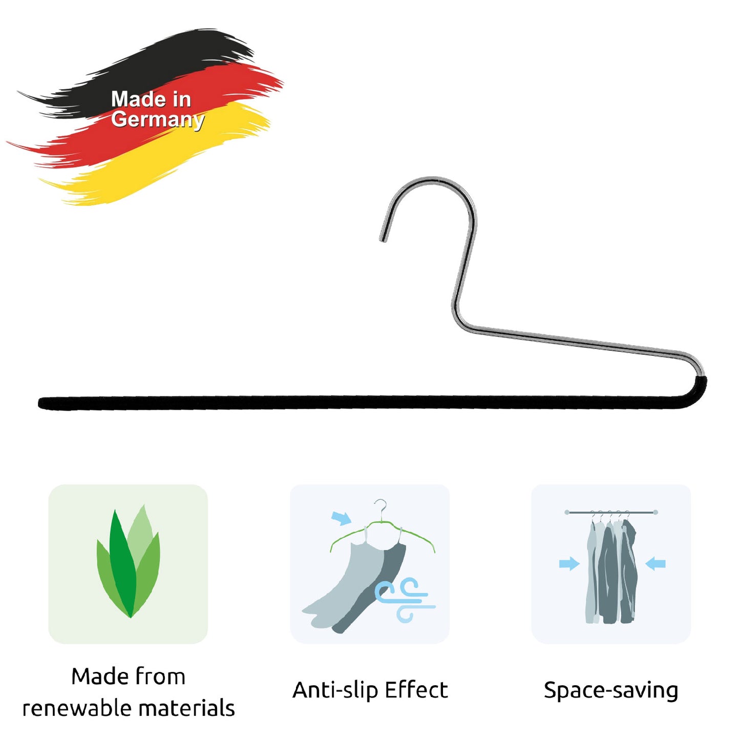 Cintre Pantalon, Cintres, lot de 10 PCs, largeur 35 cm, Cintre Vetement, avec effet antidérapant, MAWA KH C - Noir, 2