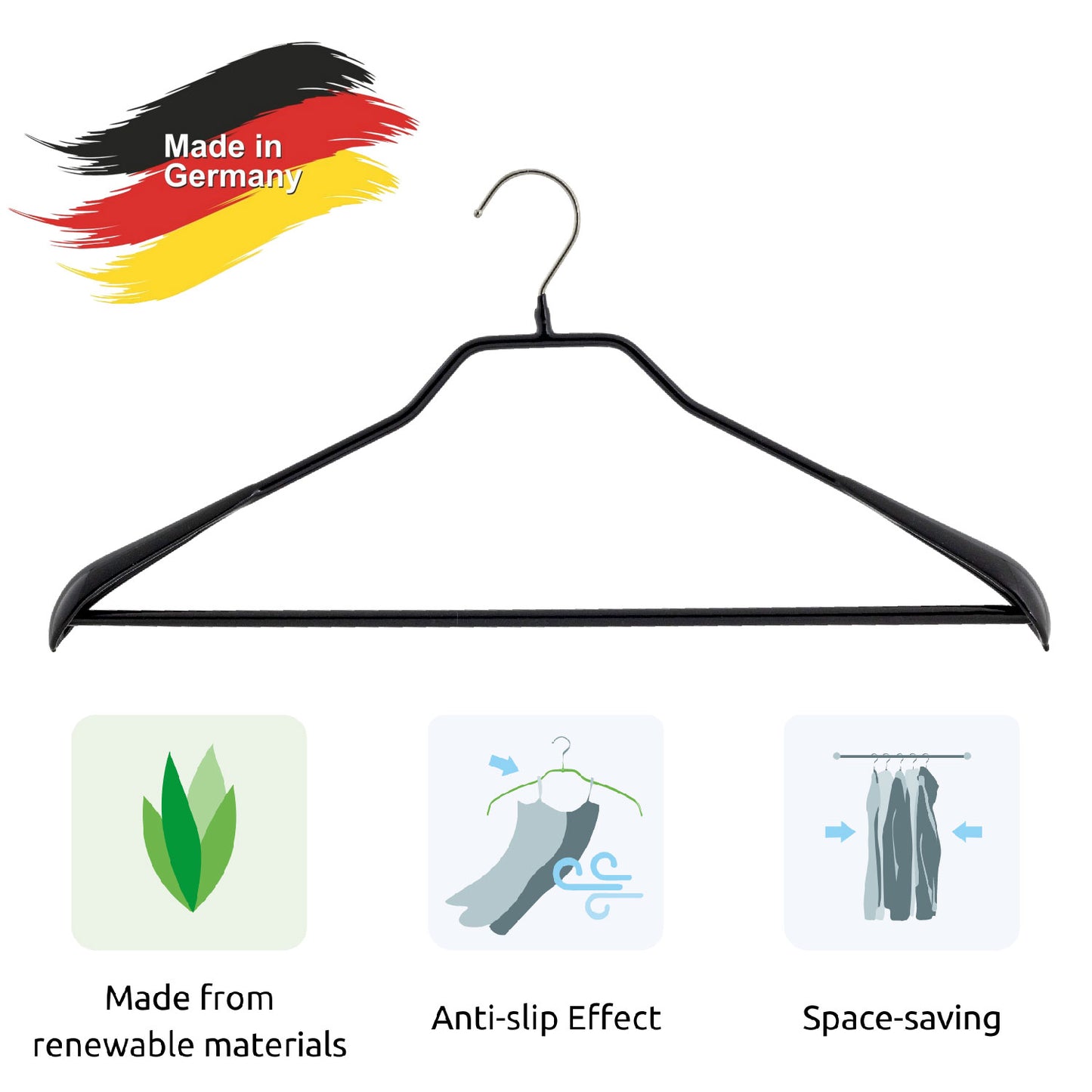 Cintres, lot de 10 PCs, Cintre Vetement, Cintre Pantalon, largeur 42cm, Crochet rotatif, MAWA Bodyform LS - Noir