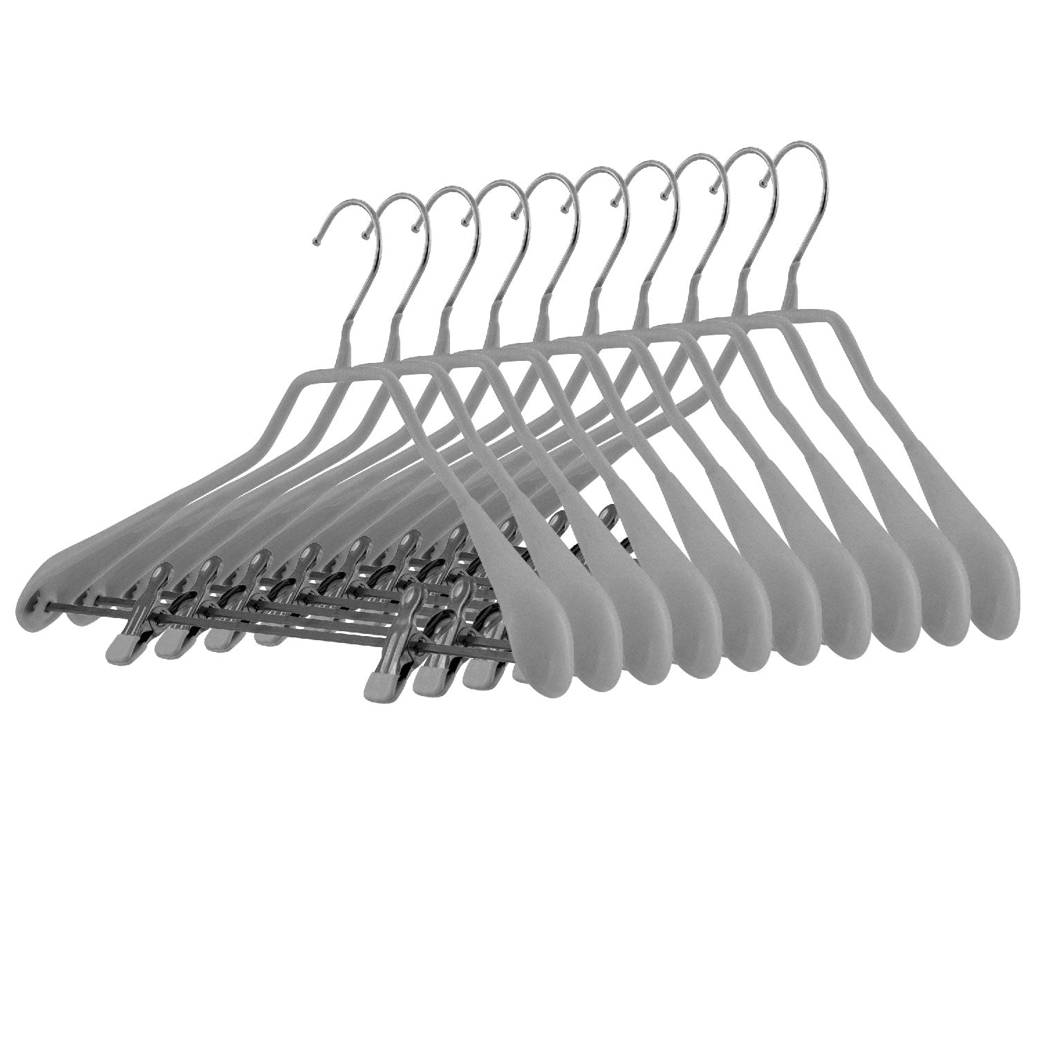 Cintres, 10 PCs, Cintre pantalon, Cintre avec barre clip, Large 42cm, crochet rotatif, MAWA Bodyform LK - Argenté