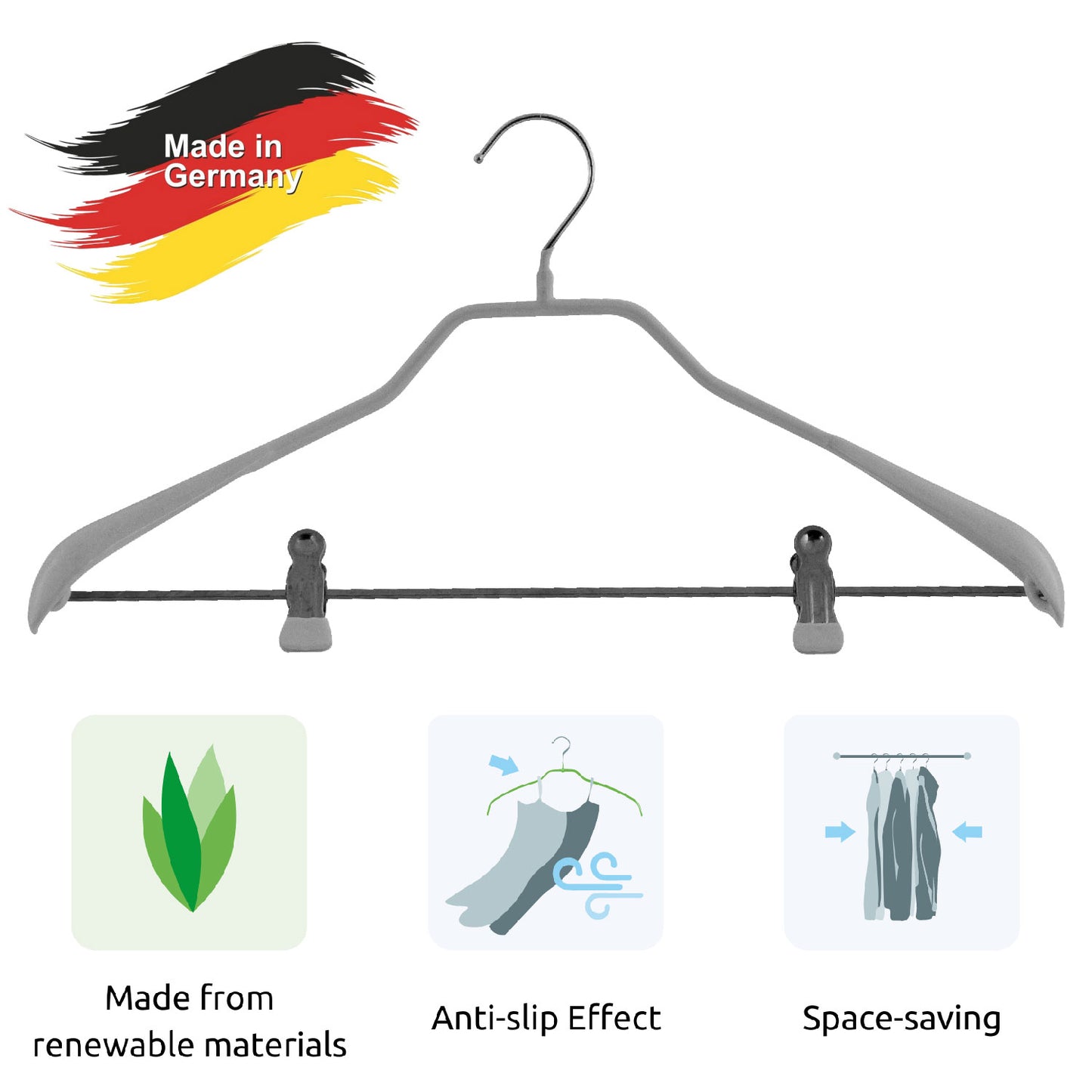 Cintres, 10 PCs, Cintre pantalon, Cintre avec barre clip, Large 42cm, crochet rotatif, MAWA Bodyform LK - Argenté