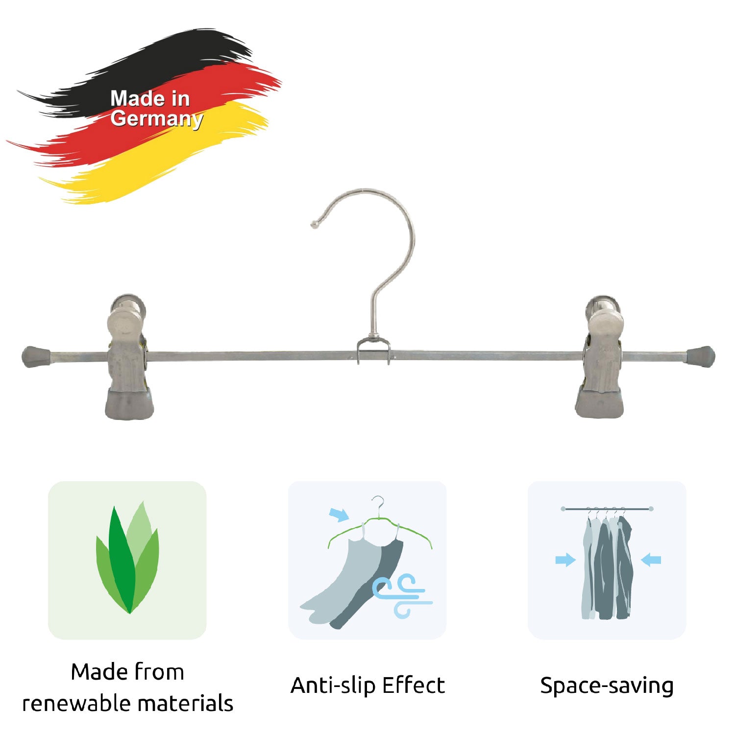 Cintre pantalon, Cintres, lot de 10 PCs, Cintre vetement, avec pinces, largeur 30 cm, Crochet rotatif, MAWA Clip K D - Argenté