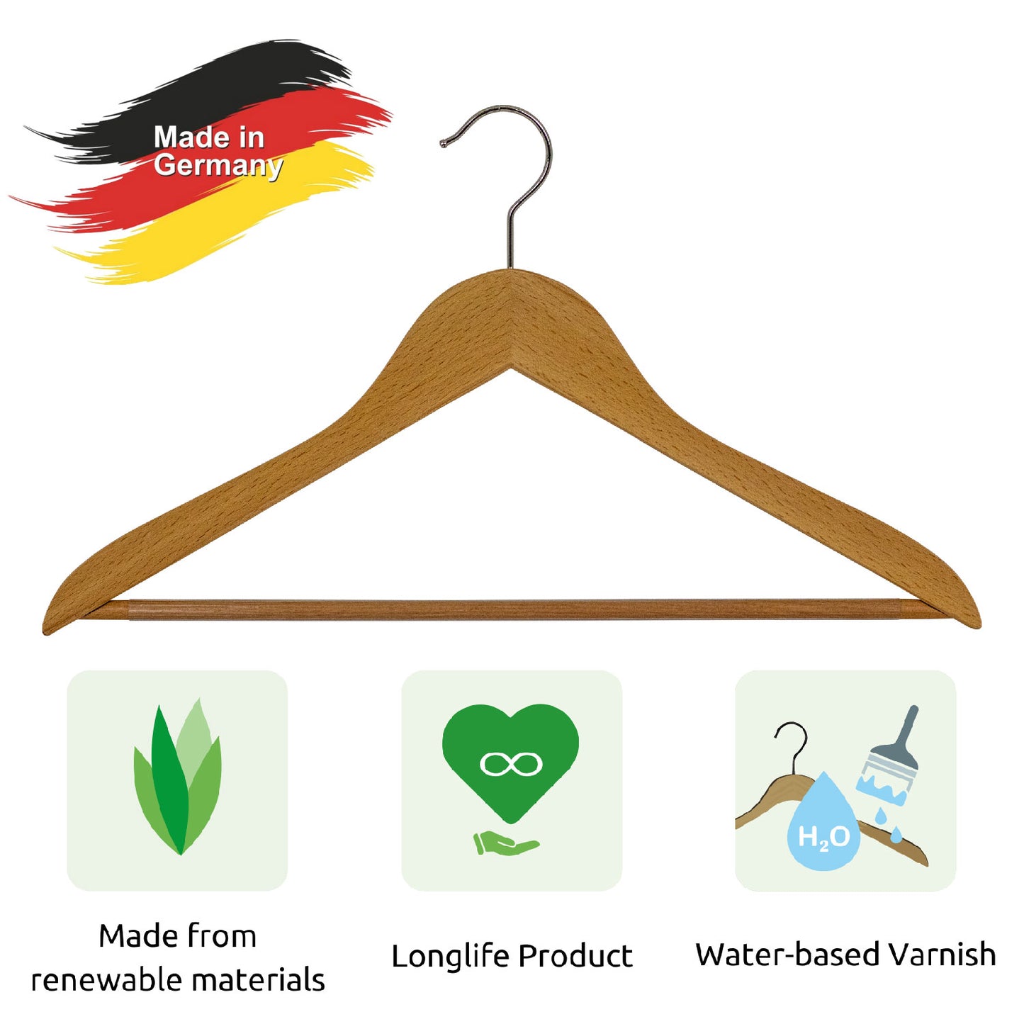 Cintres, Cintres en bois, lot de 10 PCs, Cintre vetement, largeur 45 cm, Crochet rotatif, MAWA Business RFS - Hêtre Naturel