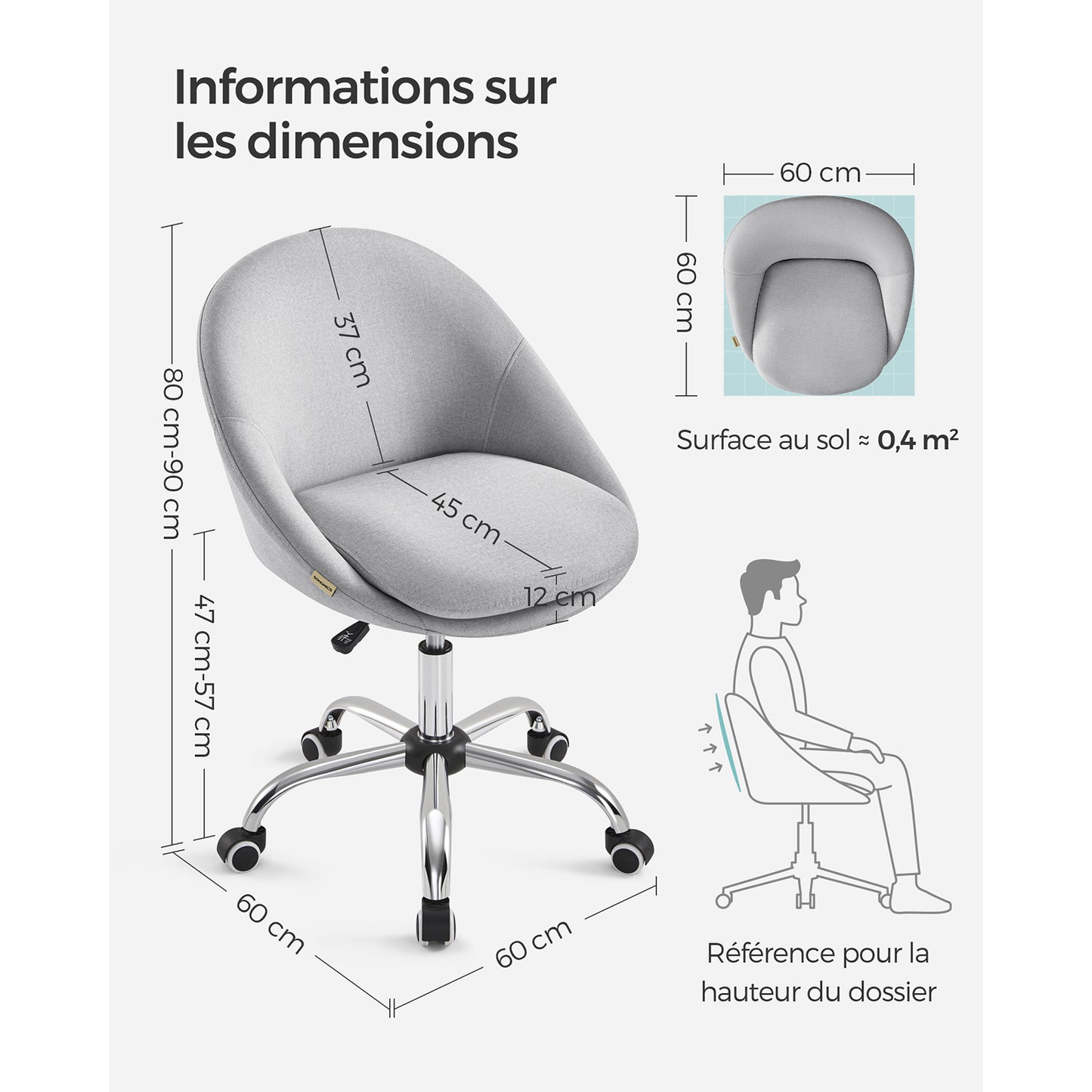 Chaise de Bureau Ergonomique, Fauteuil de Bureau, Rembourrage en Mousse, Réglable en Hauteur, Gris, Songmics, 8