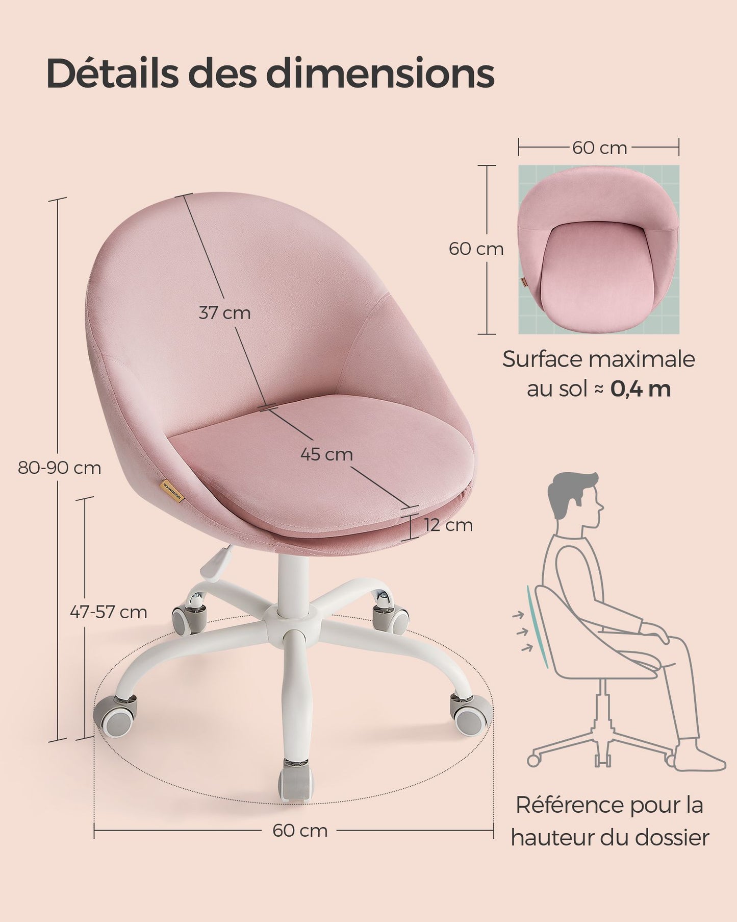 Chaise de Bureau Ergonomique, Fauteuil de Bureau, Rembourrage en Mousse, Réglable en Hauteur, Rose, Songmics, 8