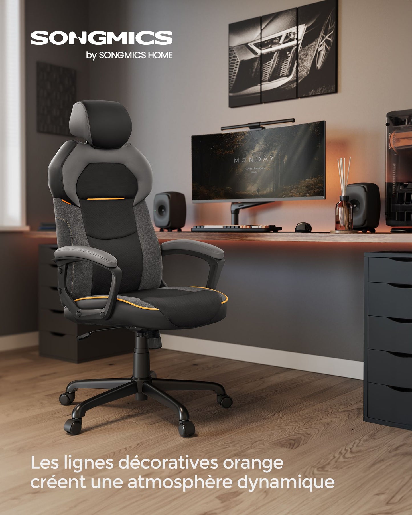Chaise d'ordinateur, Chaise de bureau, Fauteuil Gaming, Réglable Hauteur et Appuie-tête, Charge 150 kg, Noir, SONGMICS, 3