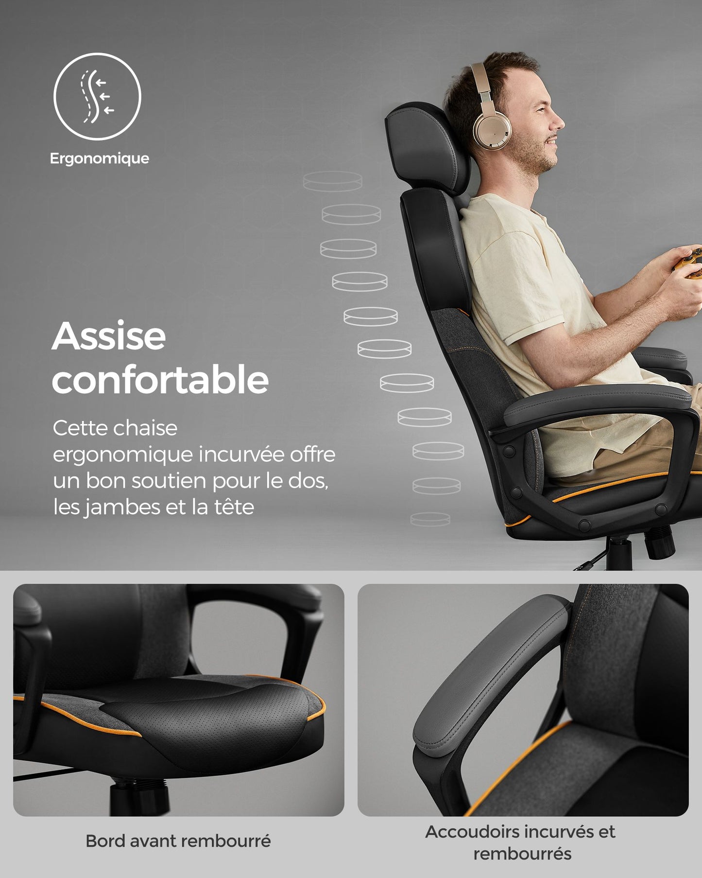 Chaise d'ordinateur, Chaise de bureau, Fauteuil Gaming, Réglable Hauteur et Appuie-tête, Charge 150 kg, Noir, SONGMICS, 5