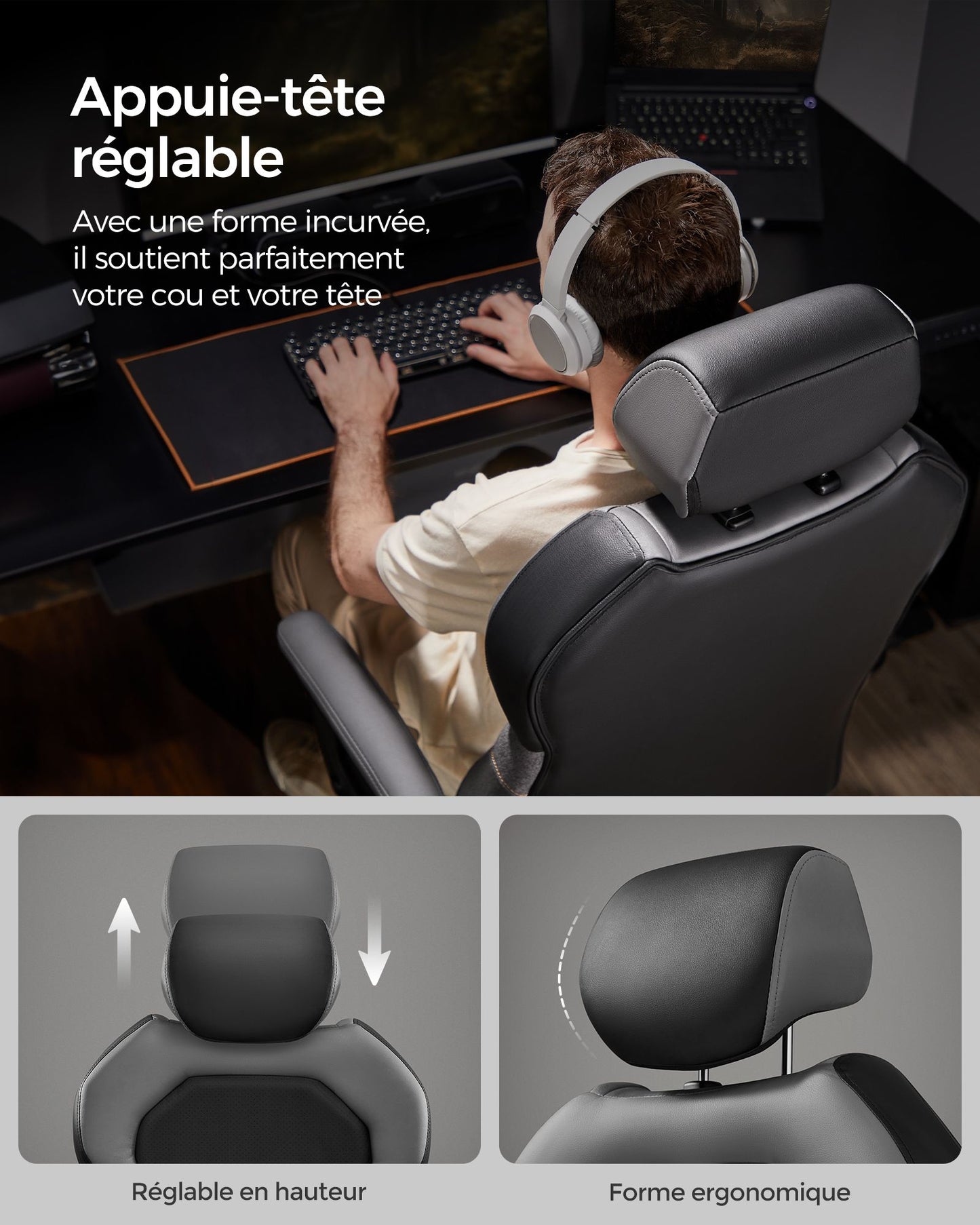 Chaise d'ordinateur, Chaise de bureau, Fauteuil Gaming, Réglable Hauteur et Appuie-tête, Charge 150 kg, Noir, SONGMICS, 6