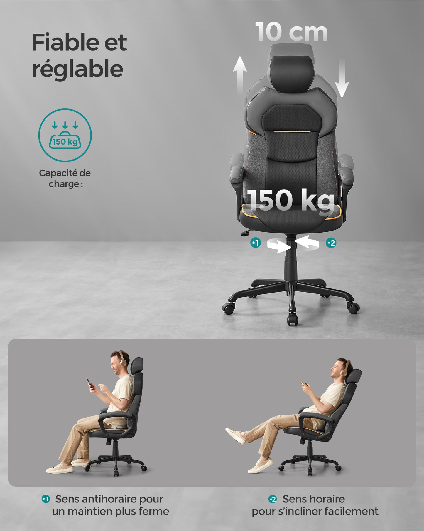 Chaise d'ordinateur, Chaise de bureau, Fauteuil Gaming, Réglable Hauteur et Appuie-tête, Charge 150 kg, Noir, SONGMICS, 7