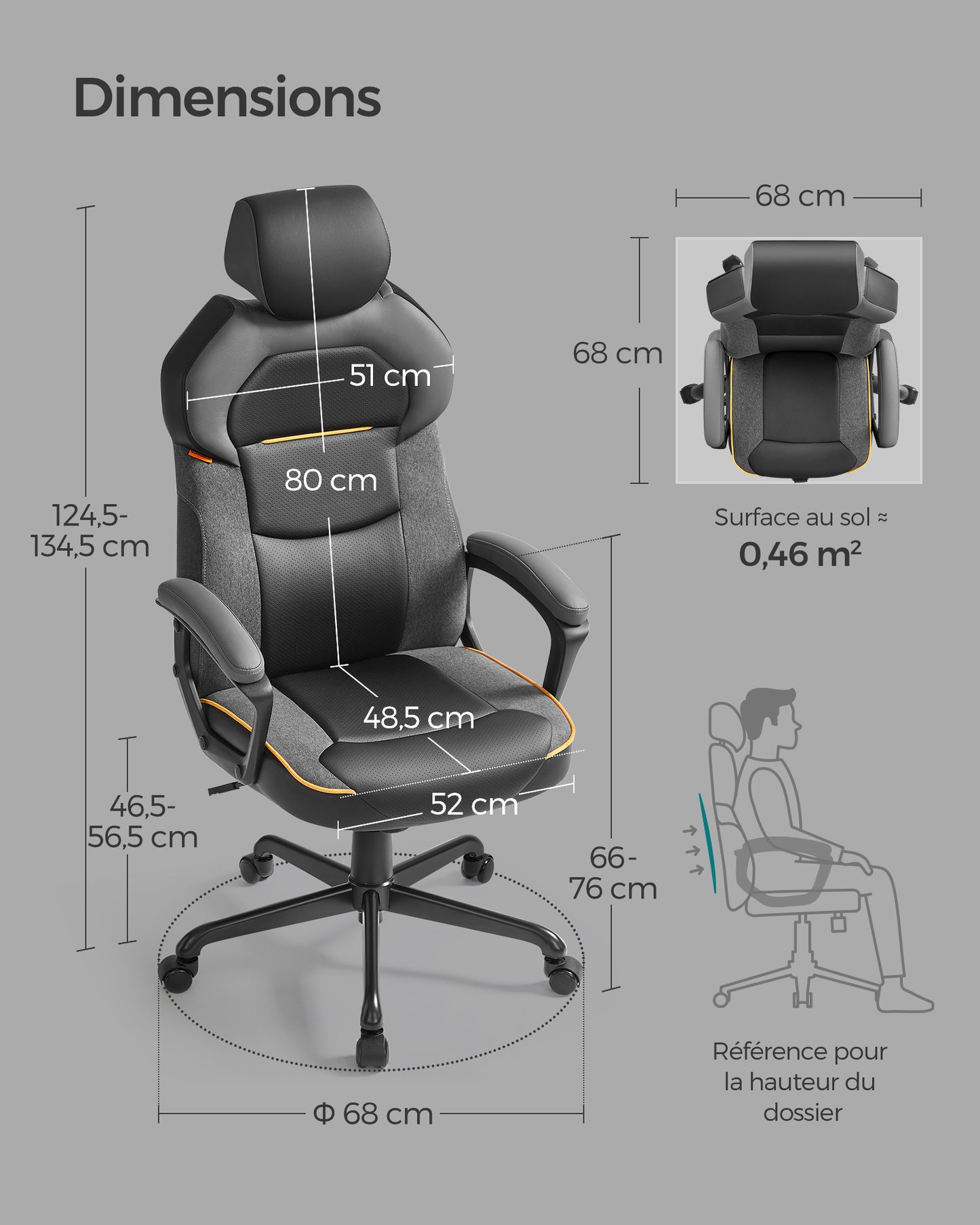 Chaise d'ordinateur, Chaise de bureau, Fauteuil Gaming, Réglable Hauteur et Appuie-tête, Charge 150 kg, Noir, SONGMICS, 4