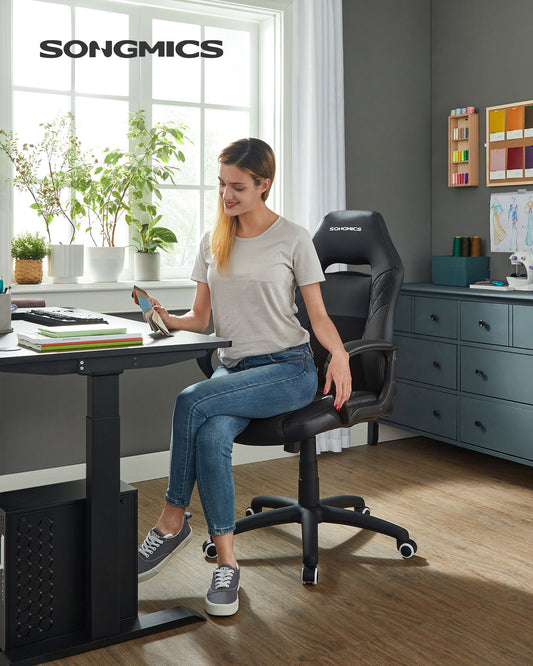 Chaise Gaming, Fauteuil Gamer, Siege Gaming, avec Mécanisme basculant, Ergonomique, Charge jusqu'à 150 kg, Noir, Songmics, 2