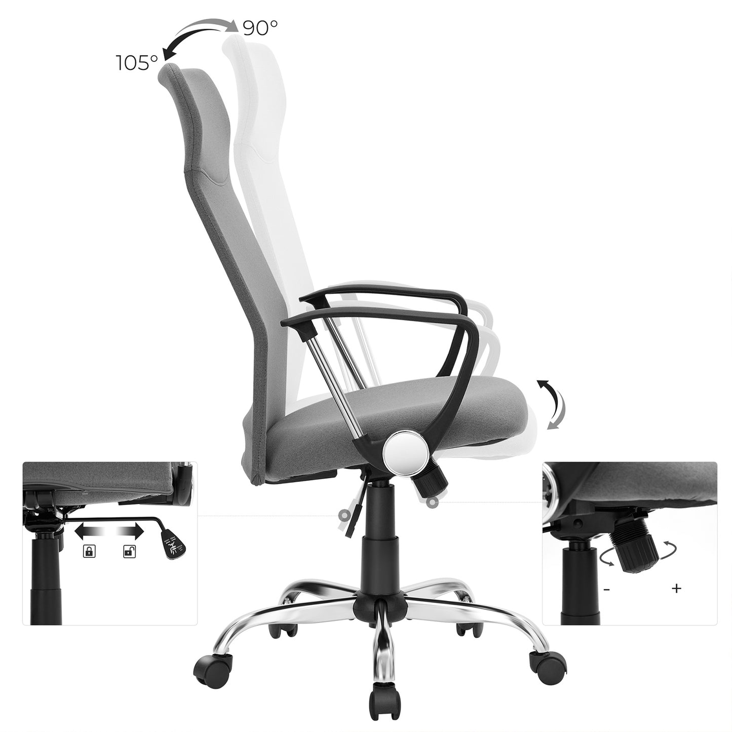 Chaise de Bureau, Fauteuil de Bureau, Siège Ergonomique, Pivotant, Réglable, Capacité de Charge 120 kg, Gris, Songmics, 4