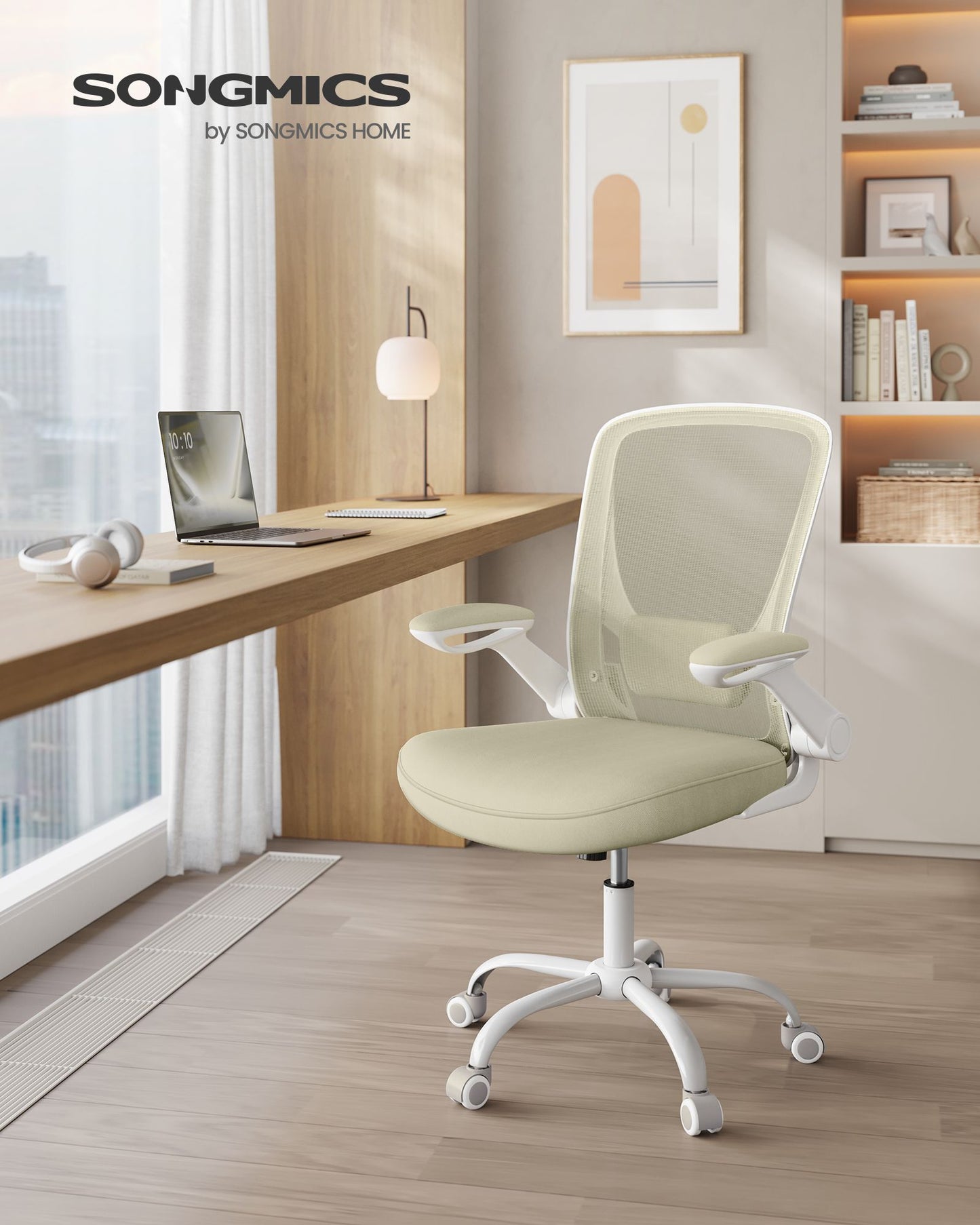 Chaise de Bureau, Fauteuil de Bureau, Siège Ergonomique, Support Lombaire, Assise Large de 53 cm, Beige , Songmics, 2