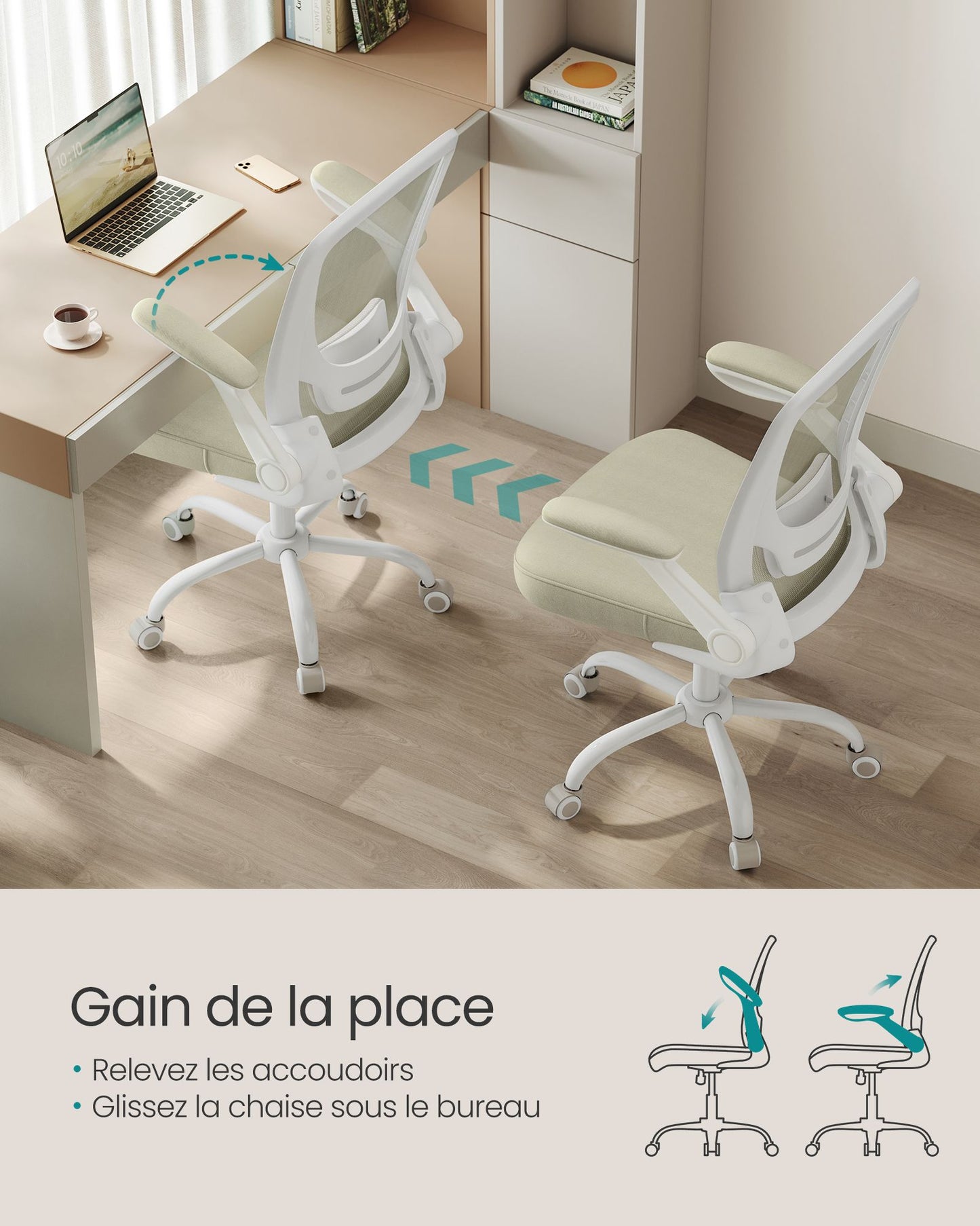 Chaise de Bureau, Fauteuil de Bureau, Siège Ergonomique, Support Lombaire, Assise Large de 53 cm, Beige , Songmics, 3