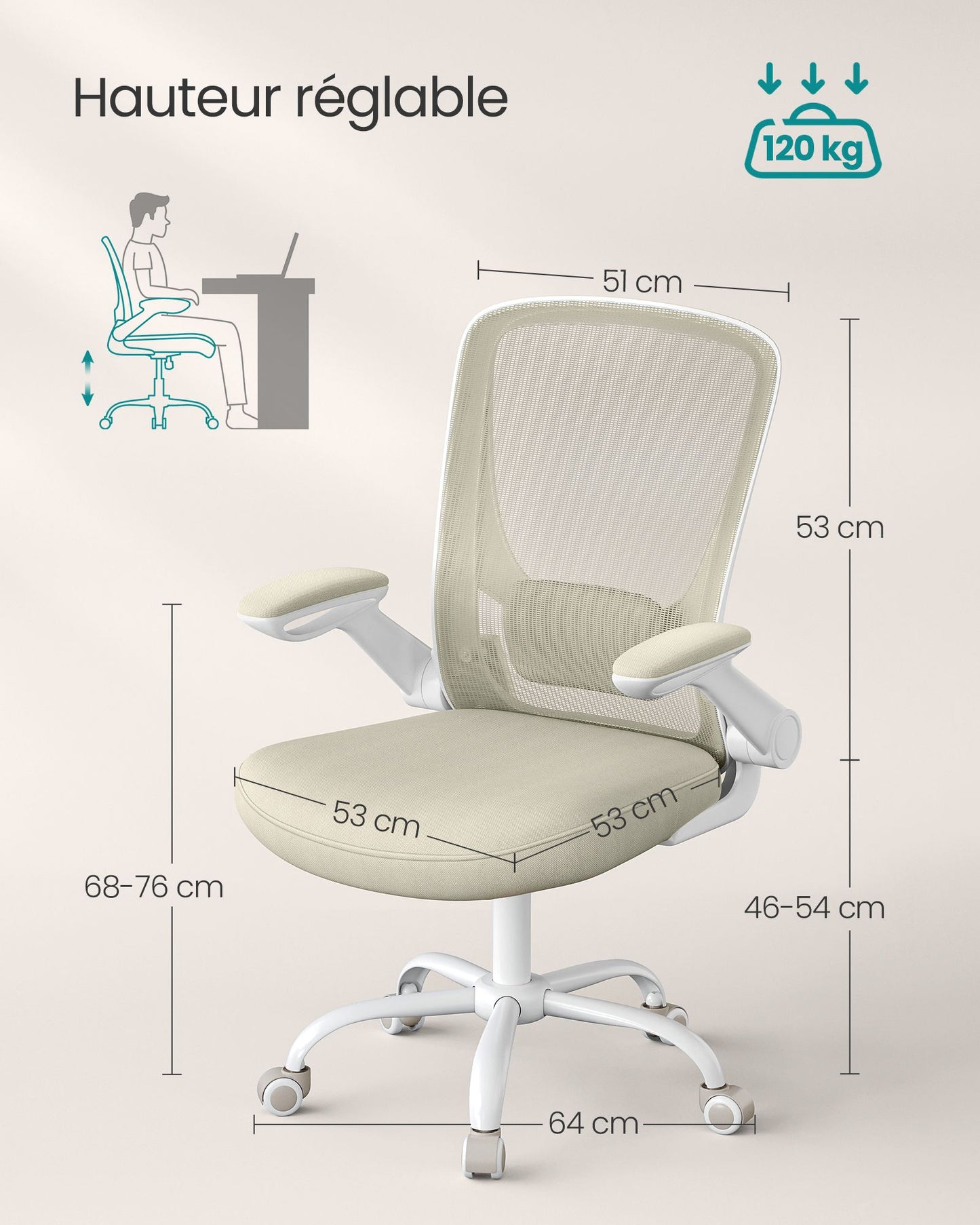 Chaise de Bureau, Fauteuil de Bureau, Siège Ergonomique, Support Lombaire, Assise Large de 53 cm, Beige , Songmics, 5