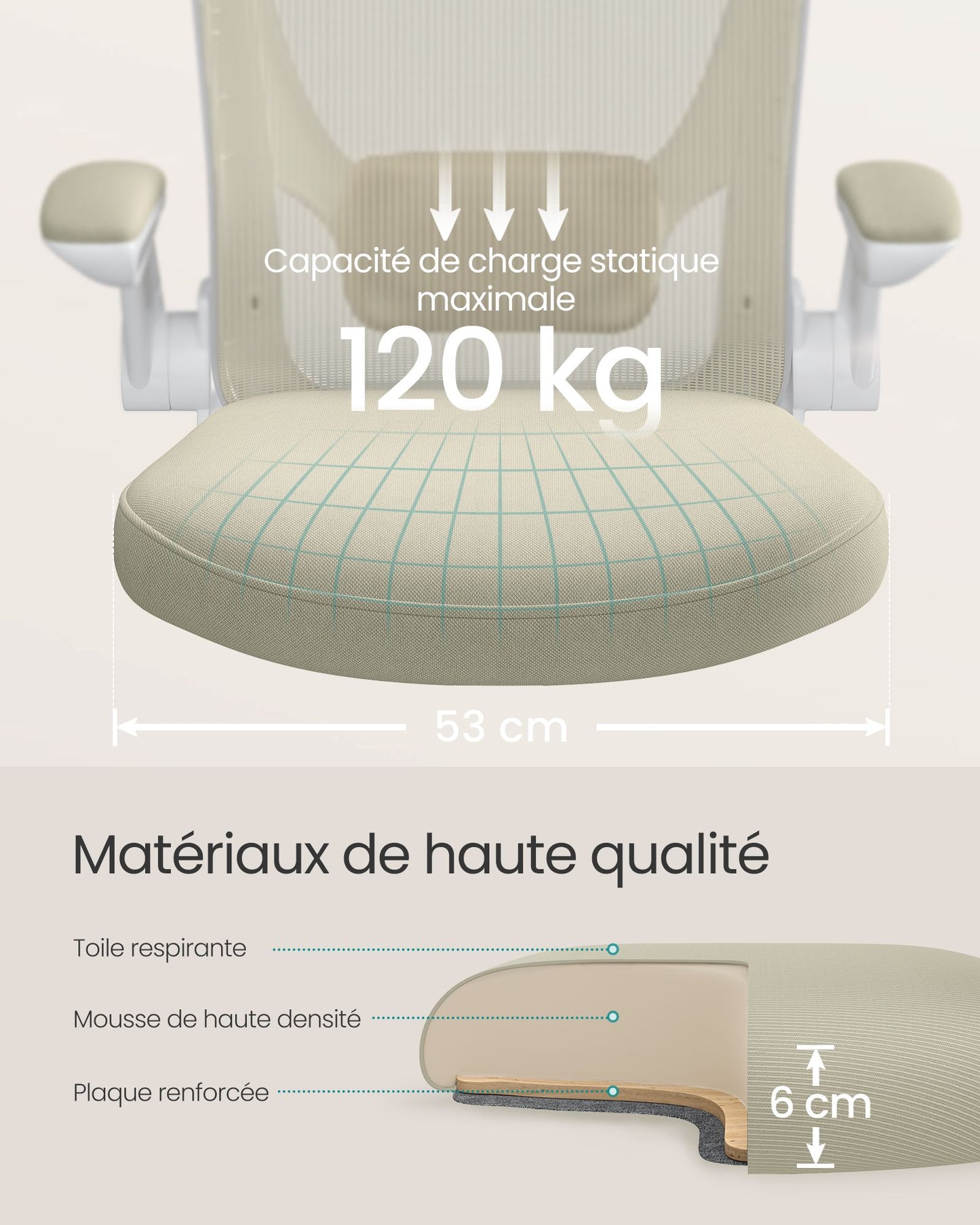 Chaise de Bureau, Fauteuil de Bureau, Siège Ergonomique, Support Lombaire, Assise Large de 53 cm, Beige , Songmics, 6