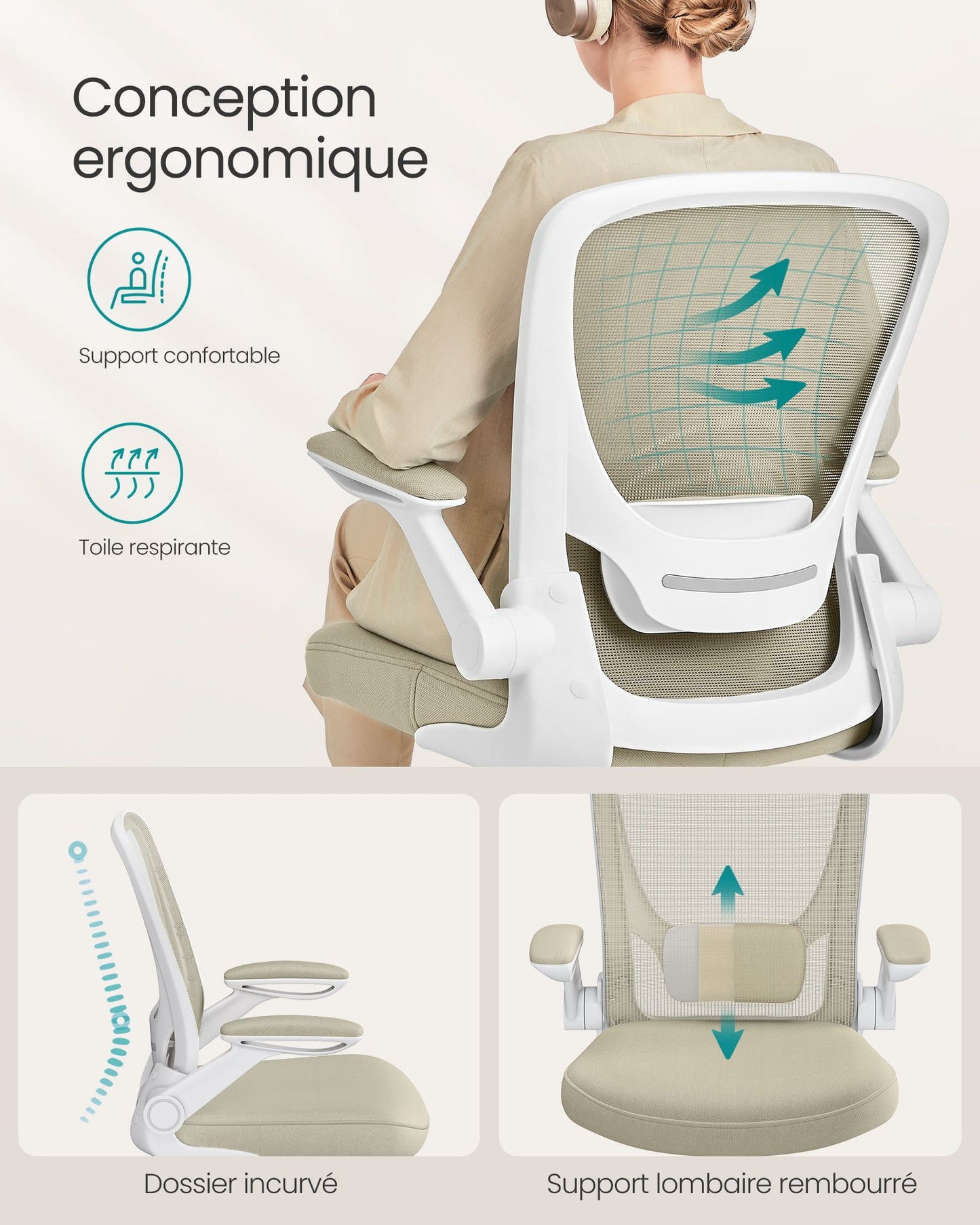 Chaise de Bureau, Fauteuil de Bureau, Siège Ergonomique, Support Lombaire, Assise Large de 53 cm, Beige , Songmics, 7