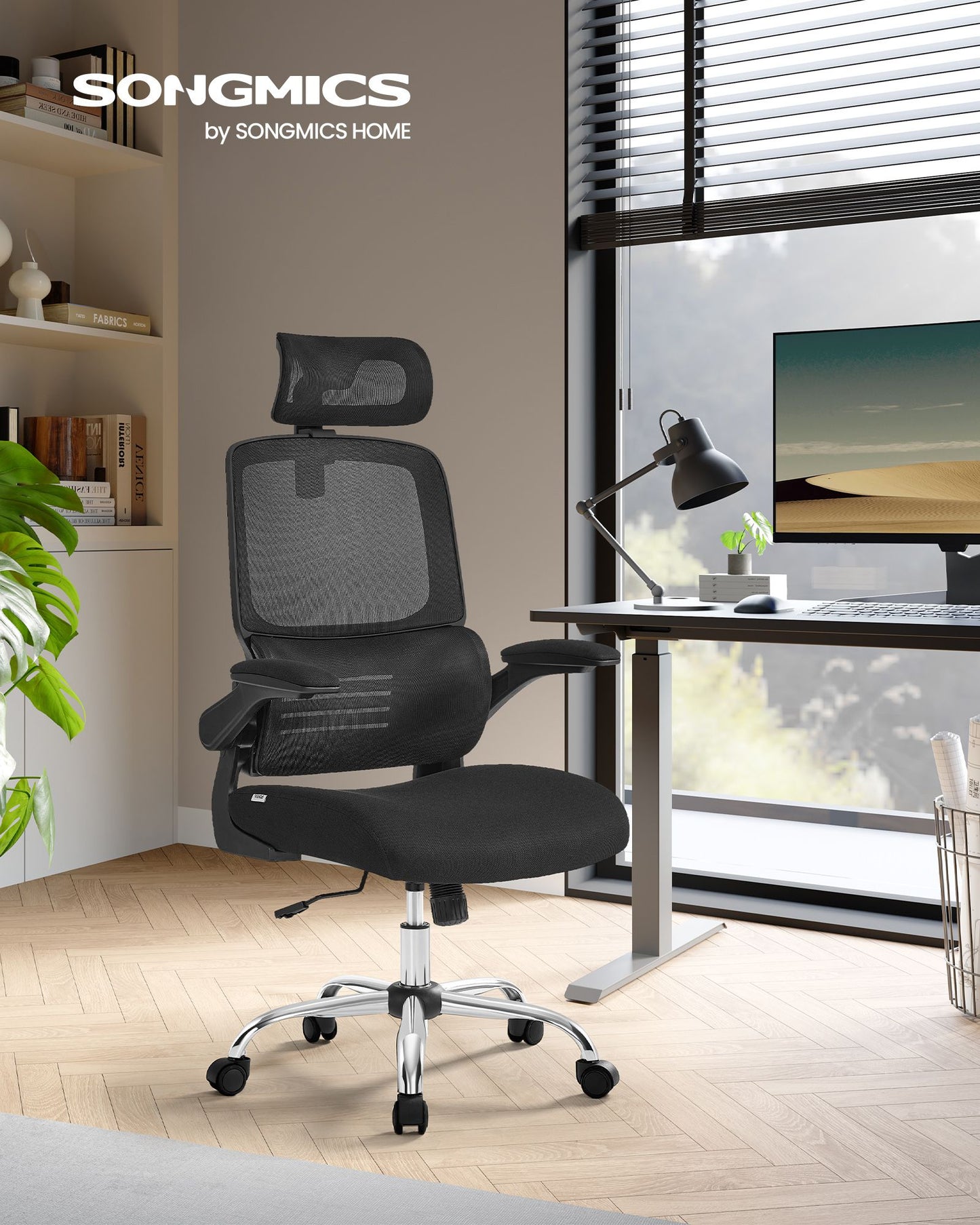 Chaise de Bureau, Fauteuil de Bureau, Haut Dossier, Chaise en Maille, Soutien Lombaire, Appui-tête Réglable, Noir, Songmics, 2