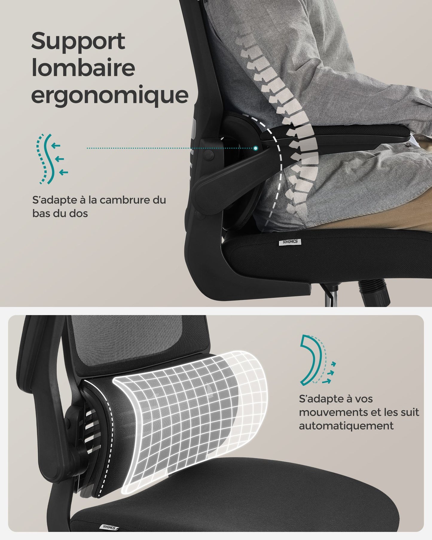 Chaise de Bureau, Fauteuil de Bureau, Haut Dossier, Chaise en Maille, Soutien Lombaire, Appui-tête Réglable, Noir, Songmics, 3