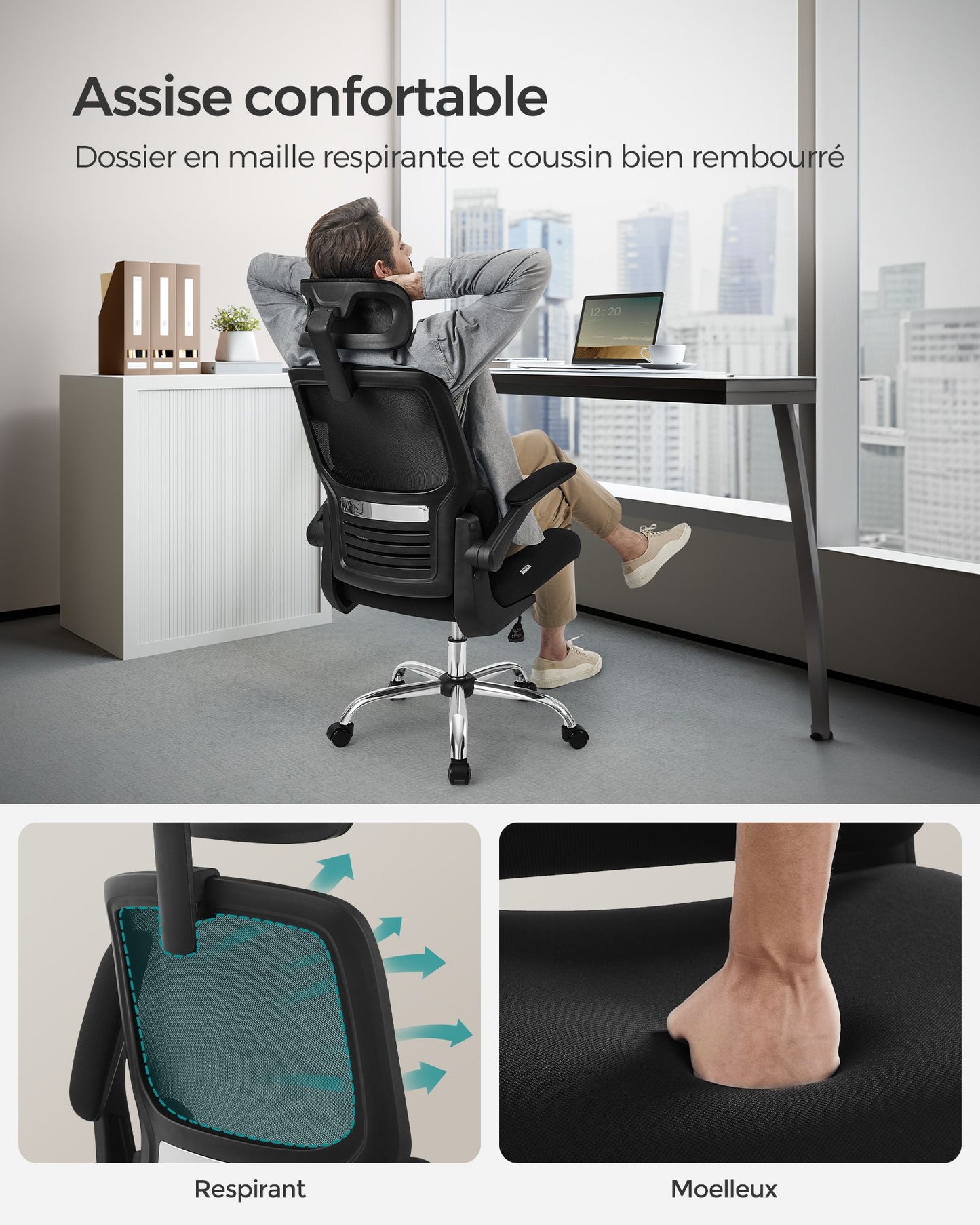 Chaise de Bureau, Fauteuil de Bureau, Haut Dossier, Chaise en Maille, Soutien Lombaire, Appui-tête Réglable, Noir, Songmics, 4