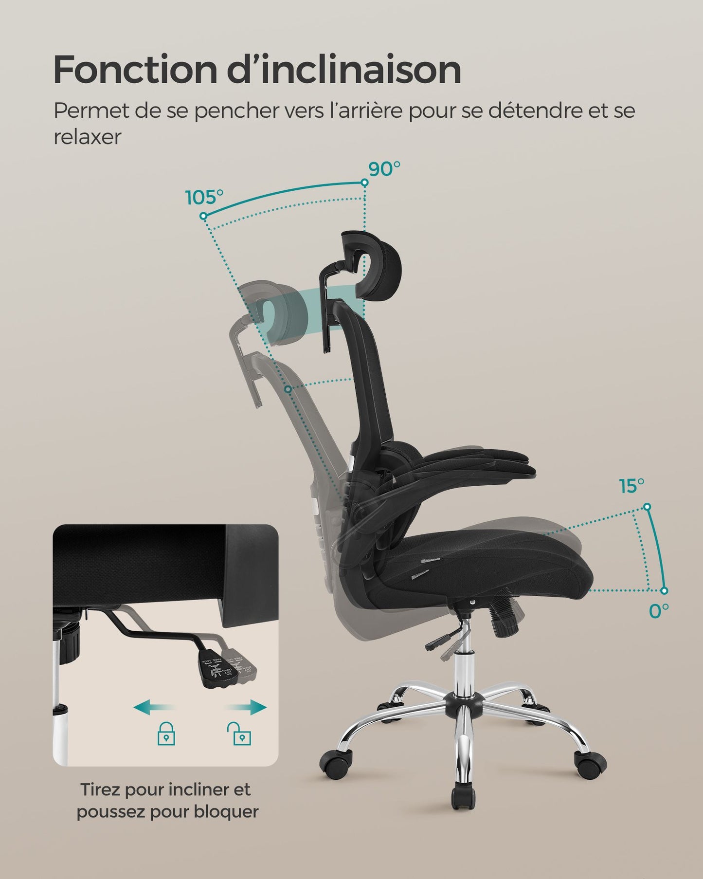 Chaise de Bureau, Fauteuil de Bureau, Haut Dossier, Chaise en Maille, Soutien Lombaire, Appui-tête Réglable, Noir, Songmics, 5