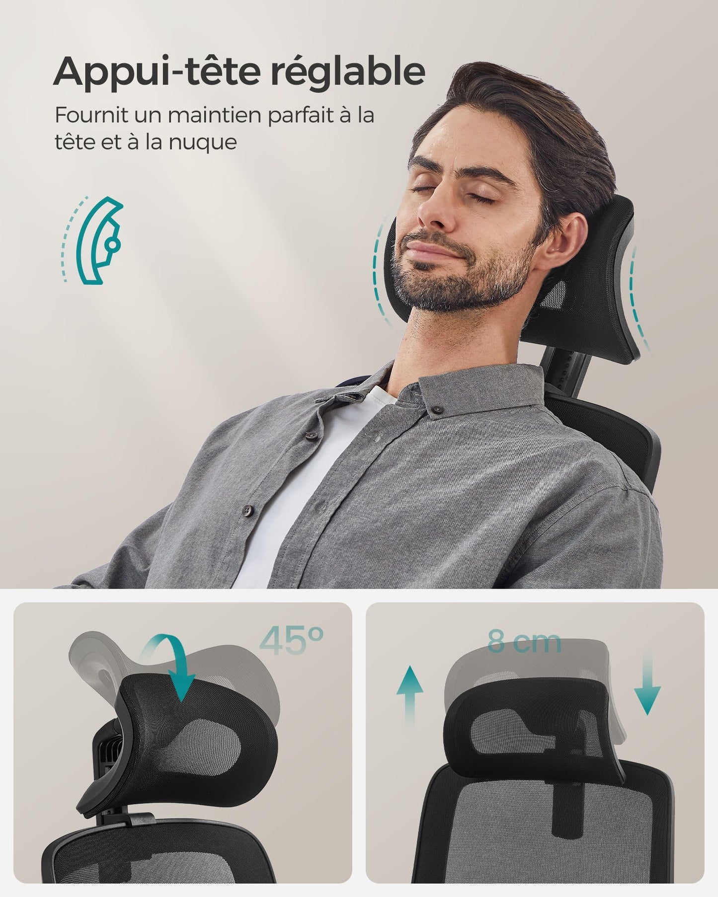 Chaise de Bureau, Fauteuil de Bureau, Haut Dossier, Chaise en Maille, Soutien Lombaire, Appui-tête Réglable, Noir, Songmics, 6