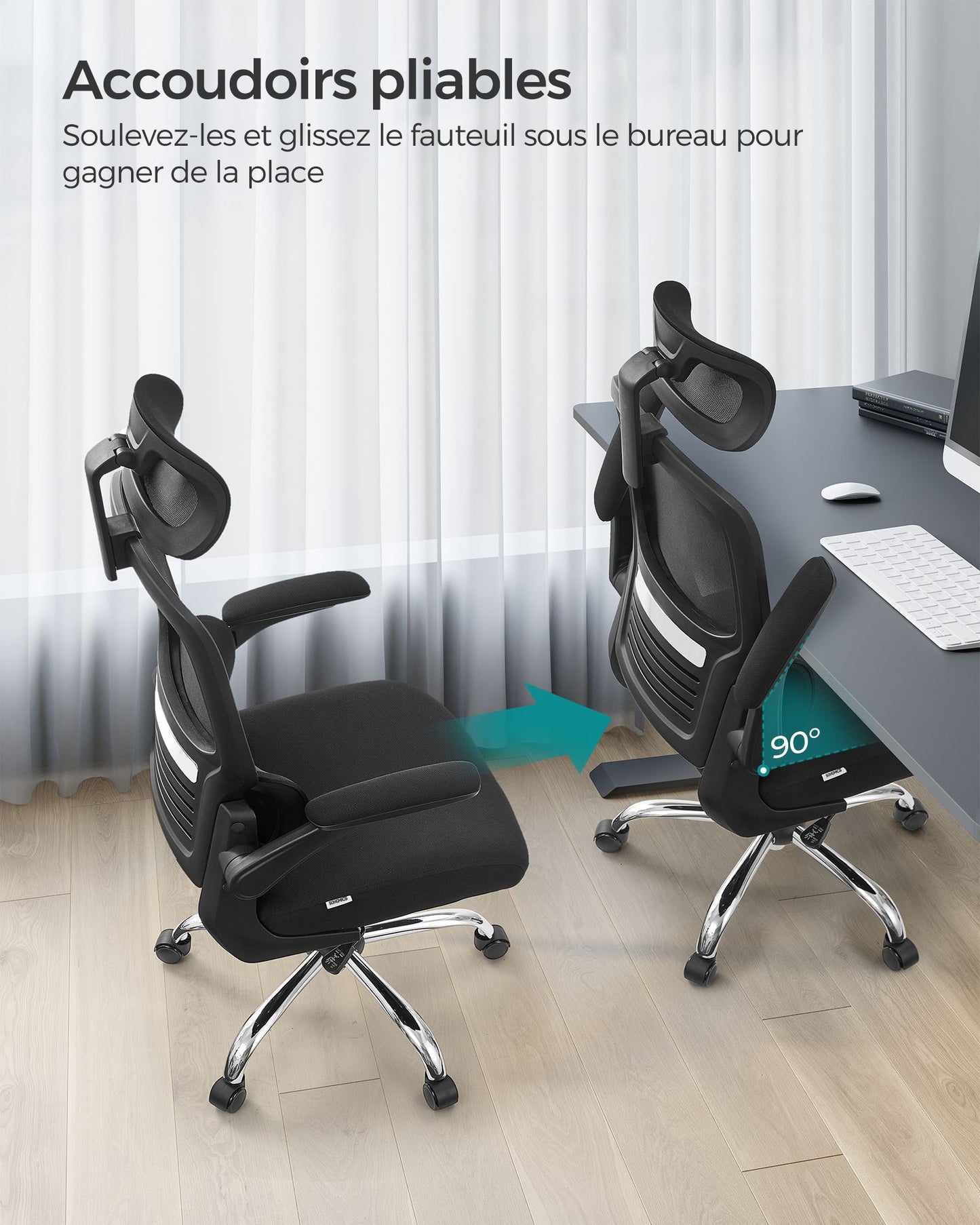 Chaise de Bureau, Fauteuil de Bureau, Haut Dossier, Chaise en Maille, Soutien Lombaire, Appui-tête Réglable, Noir, Songmics, 7