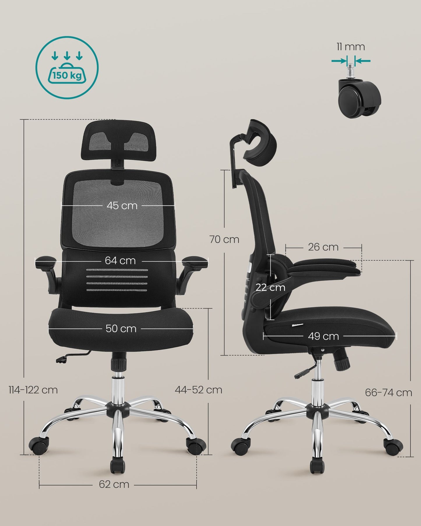 Chaise de Bureau, Fauteuil de Bureau, Haut Dossier, Chaise en Maille, Soutien Lombaire, Appui-tête Réglable, Noir, Songmics, 8
