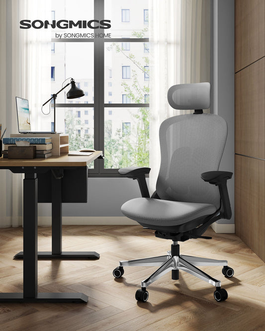 Fauteuil de Bureau, Chaise de Bureau Ergonomique, Confortable, Assise Réglable Avant ou Arrière, Capacité 150 kg, Gris, Songmics, 3