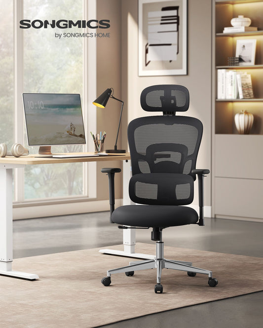 Chaise de Bureau, Siège Ergonomique, Fauteuil de Bureau, Dossier Haut, Support Lombaire, Réglable en Hauteur, Noir, Songmics, 2