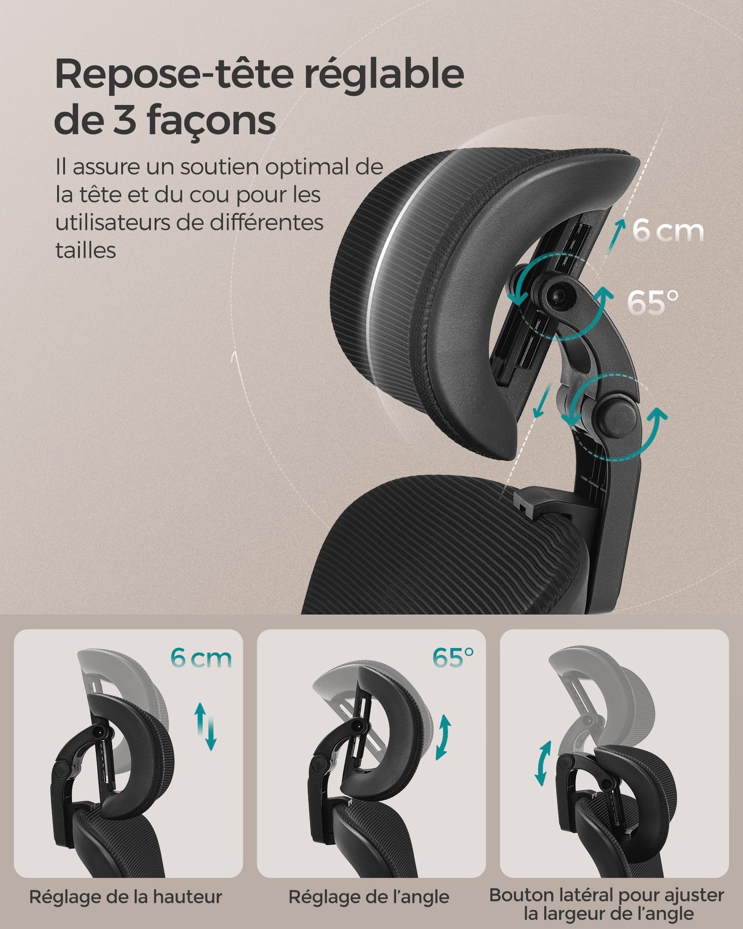 Chaise de Bureau, Siège Ergonomique, Fauteuil de Bureau, Dossier Haut, Support Lombaire, Réglable en Hauteur, Noir, Songmics, 8