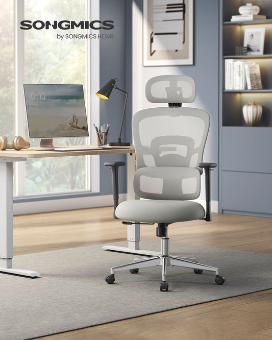 Chaise de Bureau, Siège Ergonomique, Fauteuil de Bureau, Dossier Haut, Support Lombaire, Réglable en Hauteur, Gris, Songmics, 2