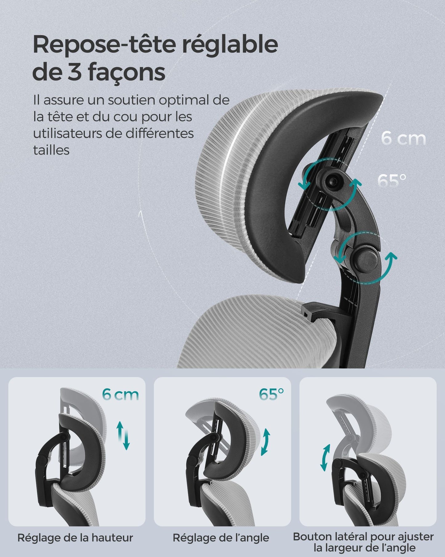 Chaise de Bureau, Siège Ergonomique, Fauteuil de Bureau, Dossier Haut, Support Lombaire, Réglable en Hauteur, Gris, Songmics, 8