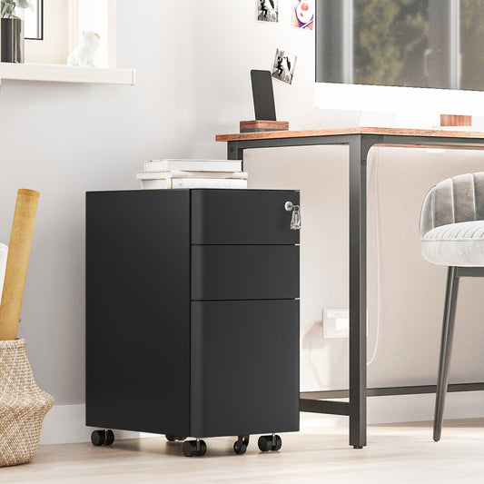 Caisson Bureau, 3 tiroirs et Serrure, Armoire metallique bureau, Meuble Rangement Bureau, avec Roulettes, Acier, Noir, Songmics, 3