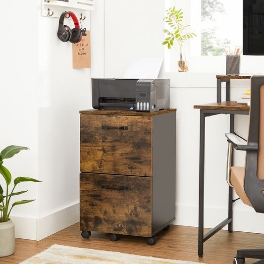 Caisson Bureau, 2 Tiroirs, Meuble Rangement Bureau, Support d’Imprimante, Marron Rustique et Noir, Vasagle, 2