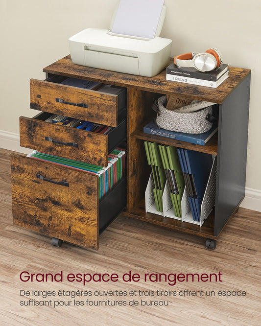 Caisson Bureau, 3 Tiroirs, Meuble Rangement Bureau, avec Compartiments Ouverts, Support d'imprimante, Marron Rustique Noir, Vasagle, 4