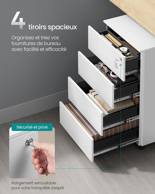 Meuble Rangement Bureau, 3 Tiroirs, Armoire metallique bureau, Caisson Bureau, Verrouillable, Acier, Blanc, Songmics, 2