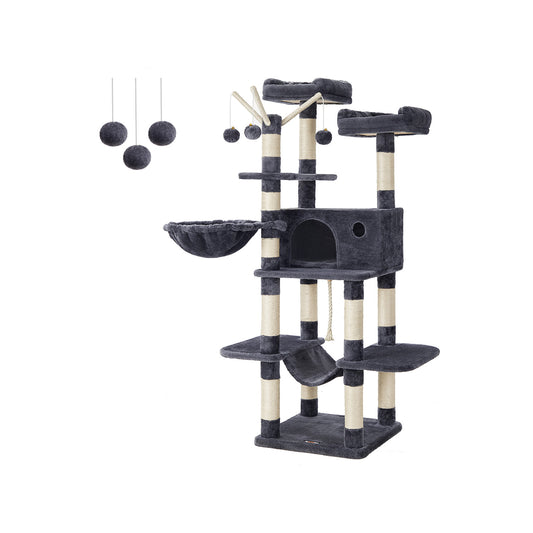 Arbre a Chat, Tour à Griffer Chat, Maison de Toilette pour Chat, Tour de Jeu, Hauteur 164 cm, Gris Anthracite, Feandrea, 2
