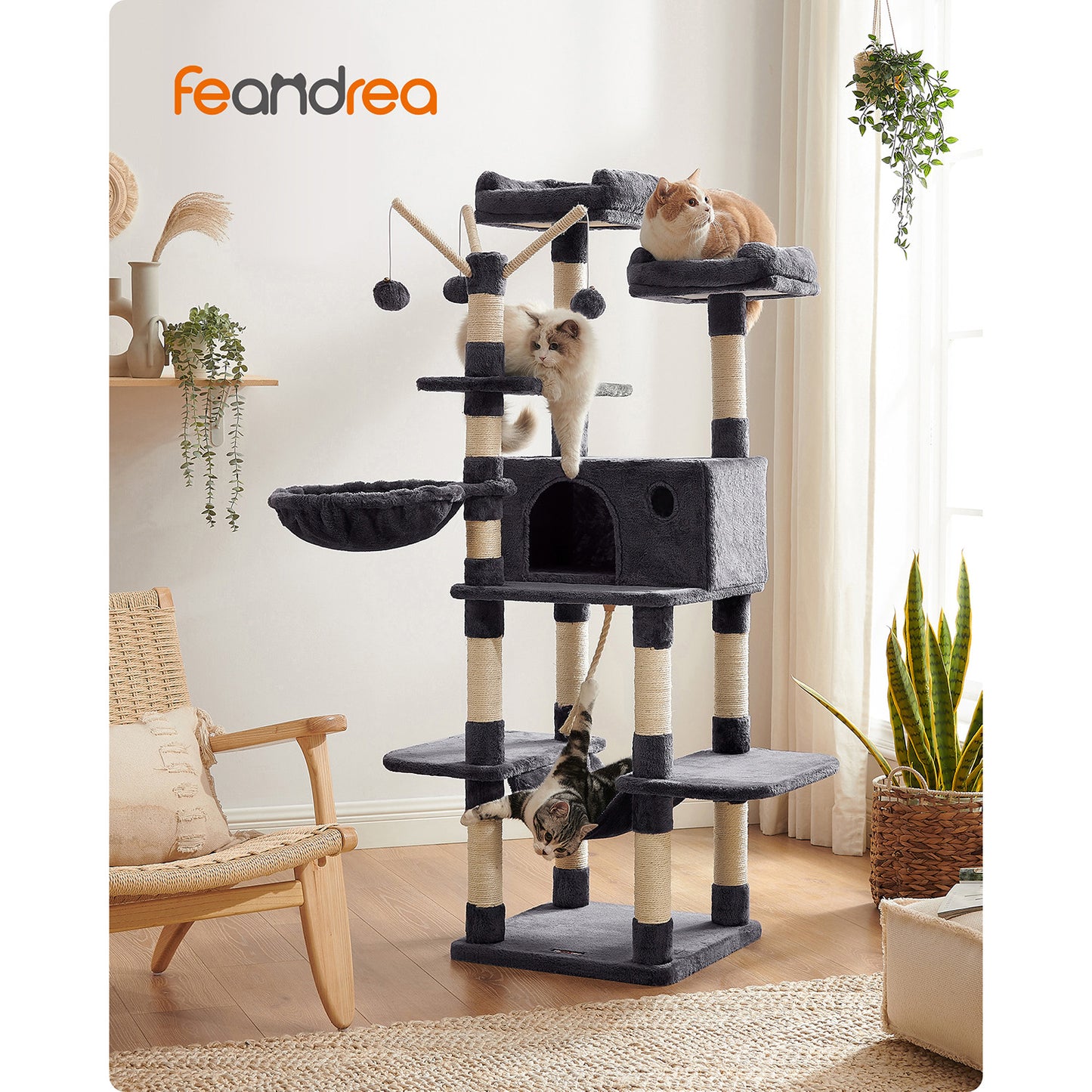 Arbre a Chat, Tour à Griffer Chat, Maison de Toilette pour Chat, Tour de Jeu, Hauteur 164 cm, Gris Anthracite, Feandrea, 4