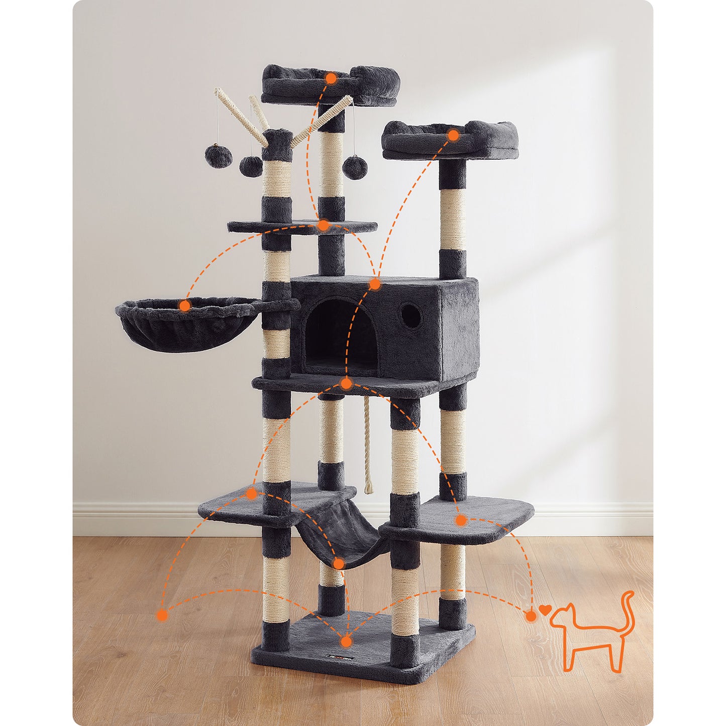 Arbre a Chat, Tour à Griffer Chat, Maison de Toilette pour Chat, Tour de Jeu, Hauteur 164 cm, Gris Anthracite, Feandrea, 5