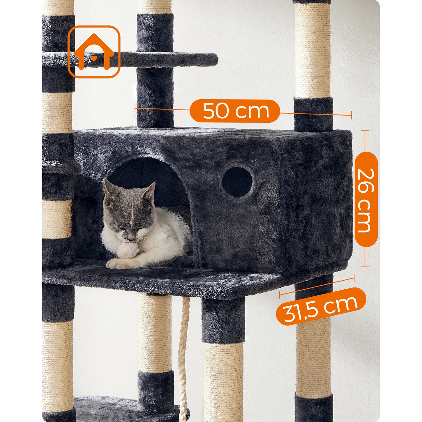 Arbre a Chat, Tour à Griffer Chat, Maison de Toilette pour Chat, Tour de Jeu, Hauteur 164 cm, Gris Anthracite, Feandrea, 8