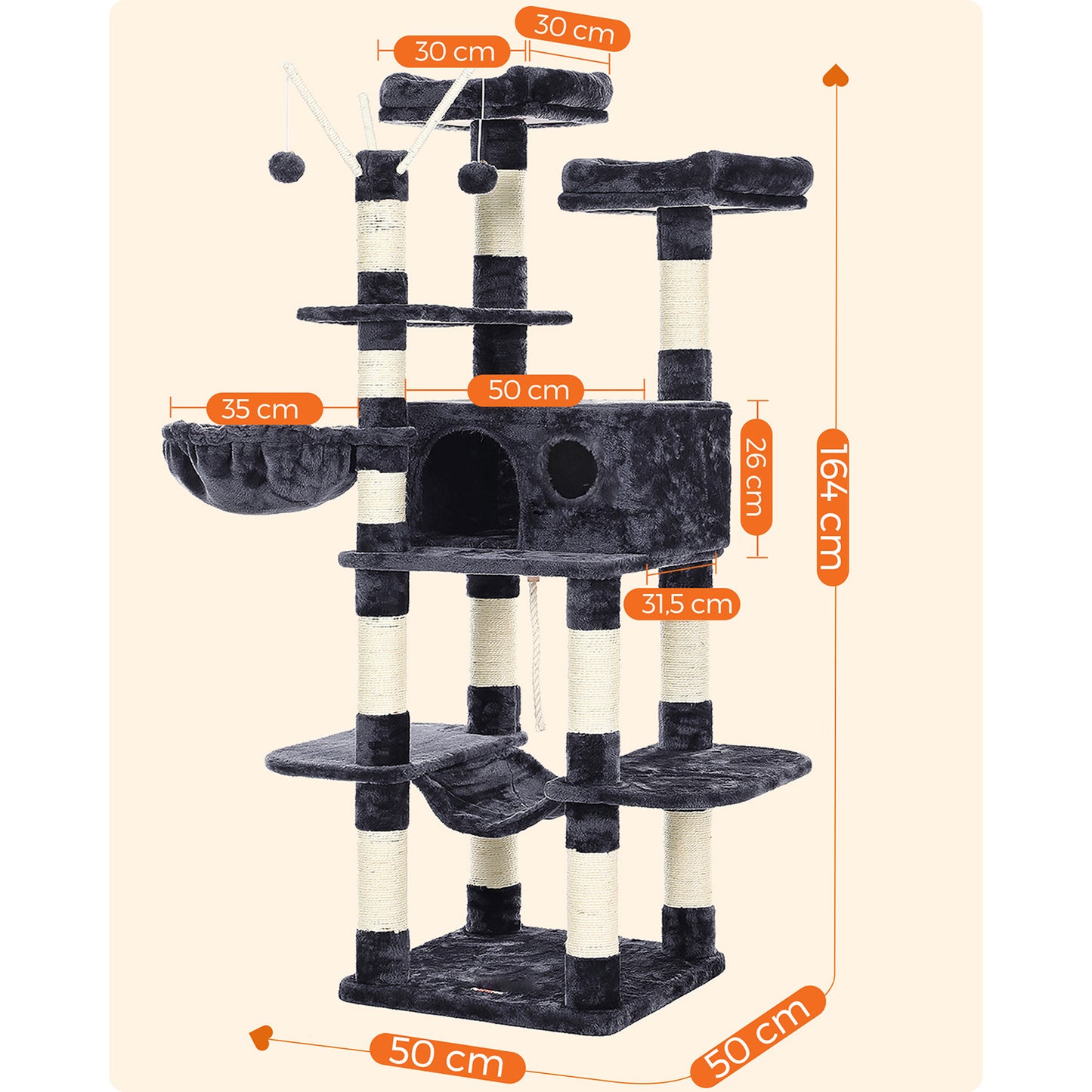 Arbre a Chat, Tour à Griffer Chat, Maison de Toilette pour Chat, Tour de Jeu, Hauteur 164 cm, Gris Anthracite, Feandrea, 9