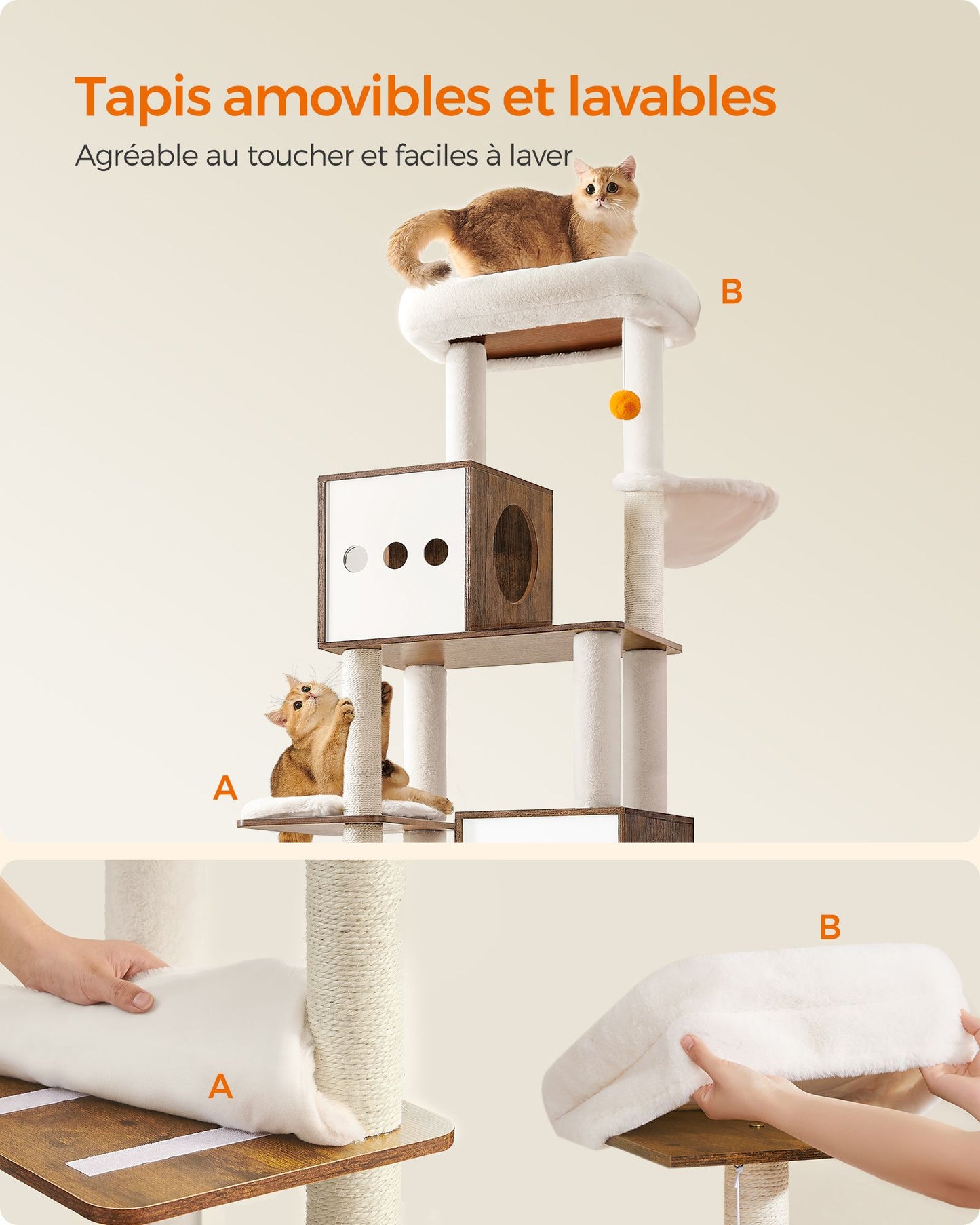 Arbre a Chat, Tour à Griffer Chat, Maison de Toilette pour Chat, Tour de Jeu avec Tapis Lavables, Marron, Feandrea, 10