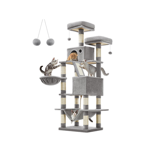 Arbre a Chat, Tour à Griffer Chat, Maison de Toilette pour Chat, Tour de Jeu avec 13 Griffoirs, Gris Clair, Feandrea, 2