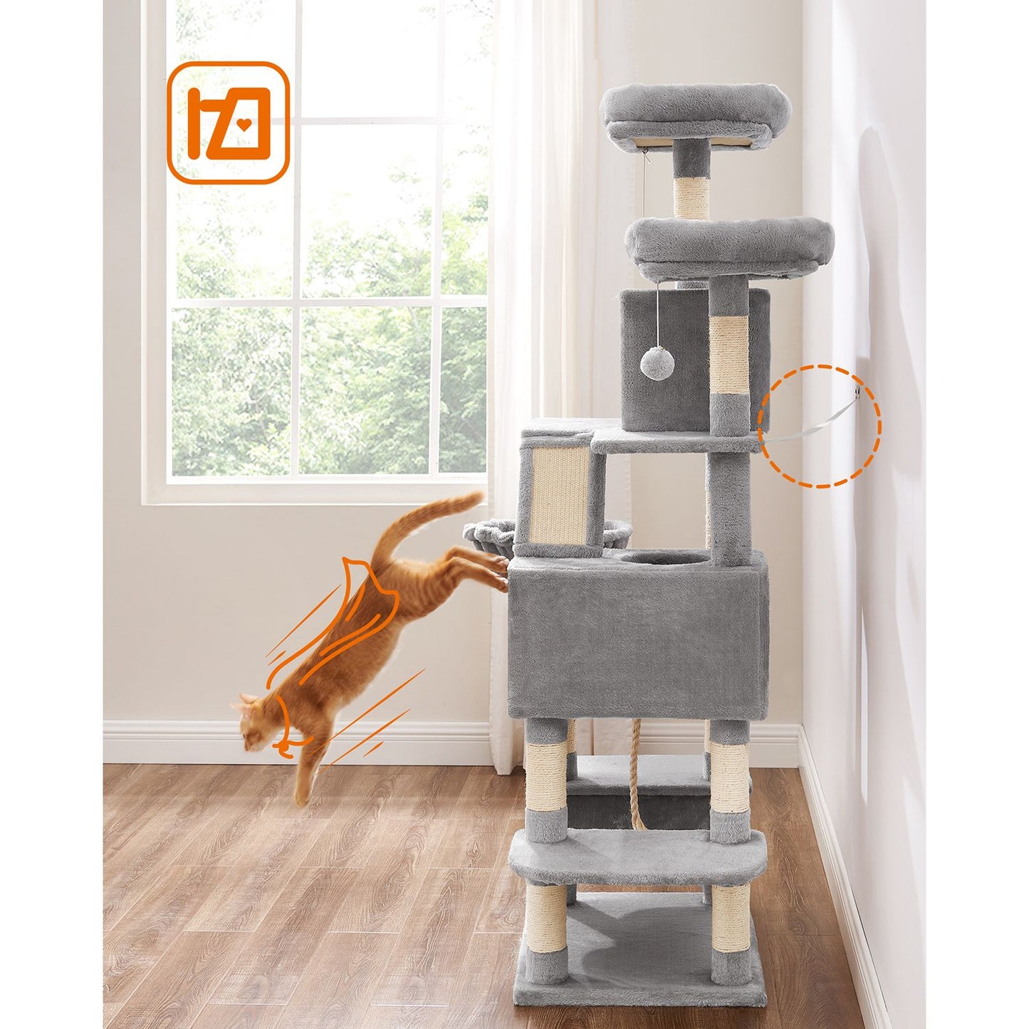 Arbre a Chat, Tour à Griffer Chat, Maison de Toilette pour Chat, Tour de Jeu avec 13 Griffoirs, Gris Clair, Feandrea, 10