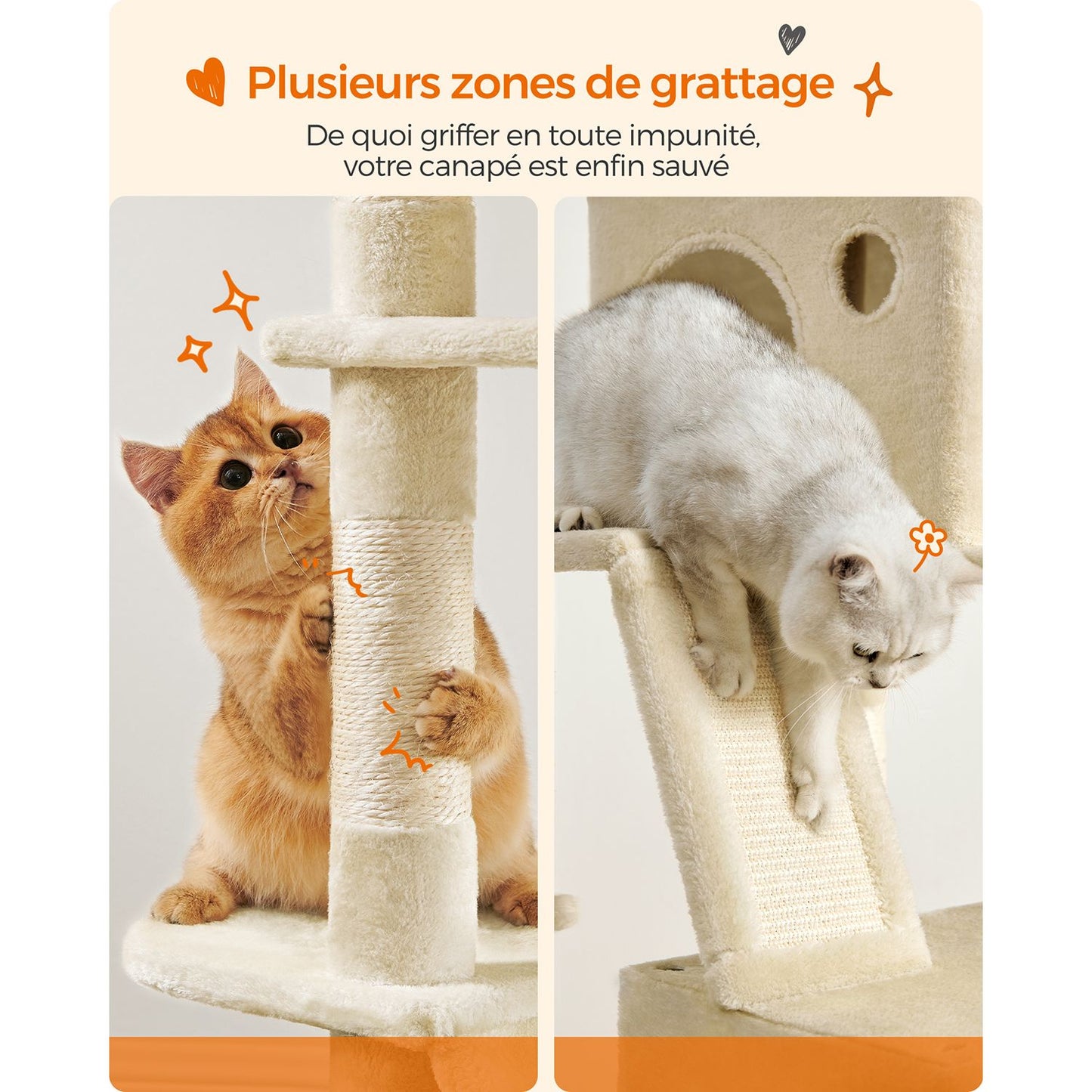 Arbre a Chat, Tour à Griffer Chat, Maison de Toilette pour Chat, Tour de Jeu avec 13 Griffoirs, Hauteur 206 cm, Feandrea, 6
