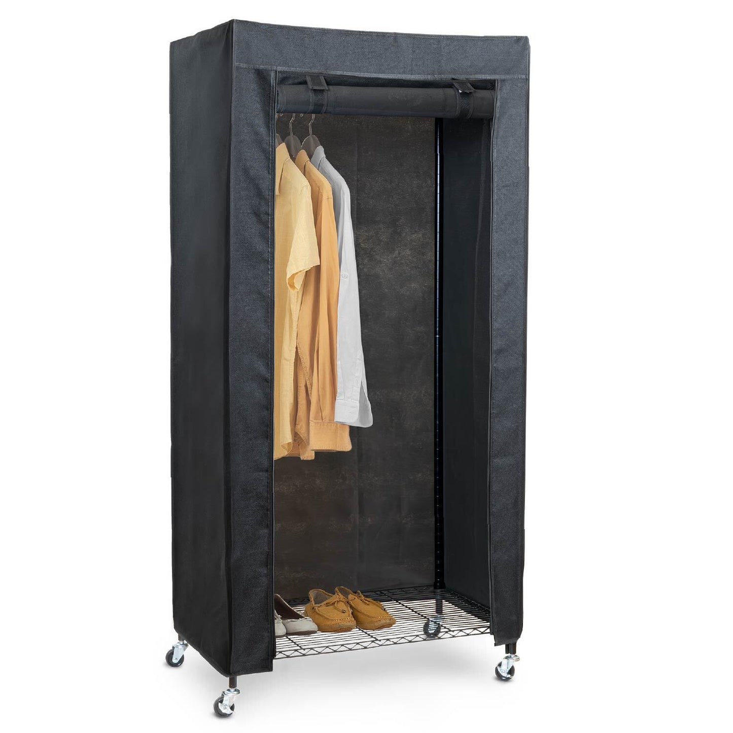Penderie Tissu, Armoire Tissu, avec Roulettes, Portant Vêtement Solide, Jusqu'à 70kg, Penderie avec housse noir lin, art moon Buffalo, 3
