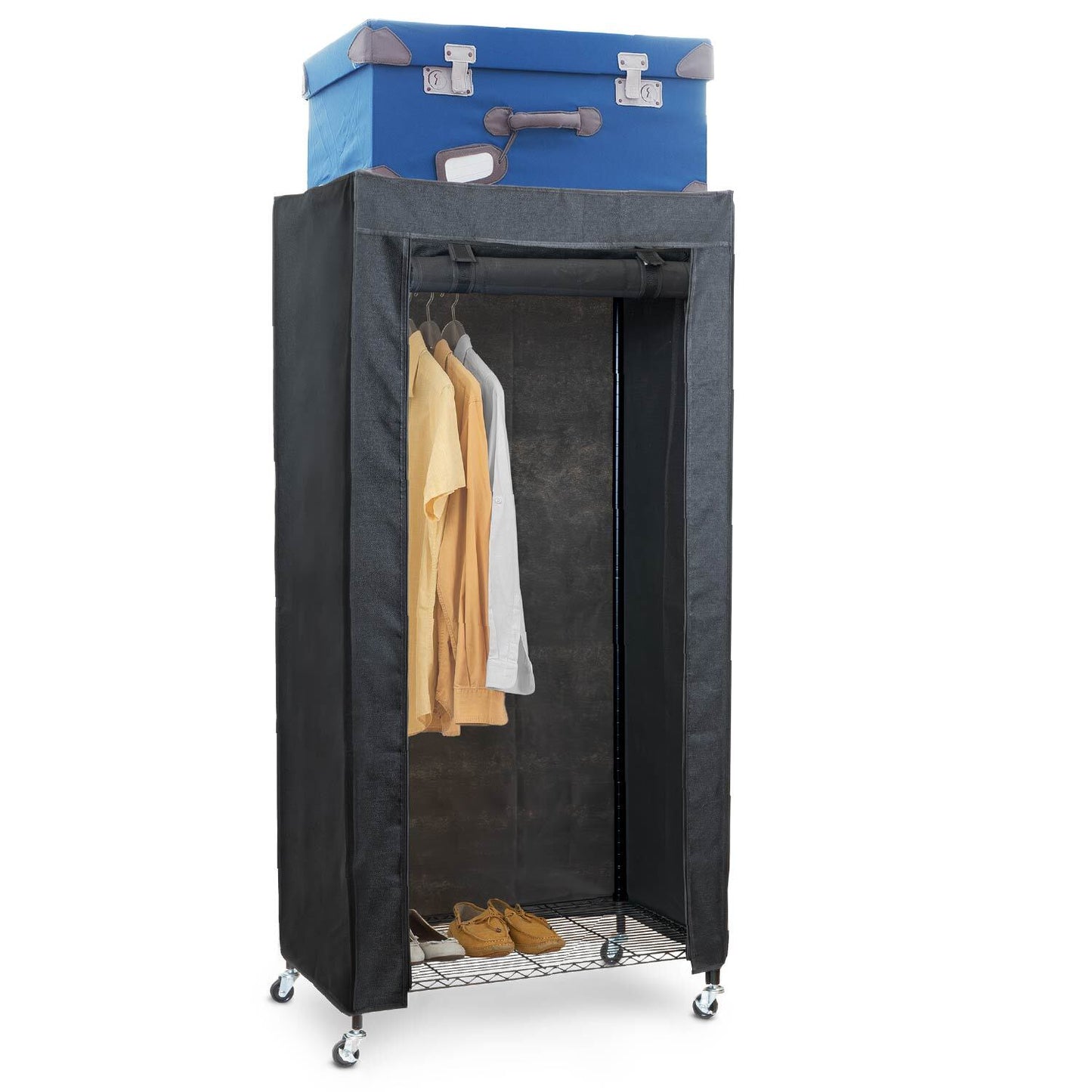 Penderie Tissu, Armoire Tissu, avec Roulettes, Portant Vêtement Solide, Jusqu'à 70kg, Penderie avec housse noir lin, art moon Buffalo, 8