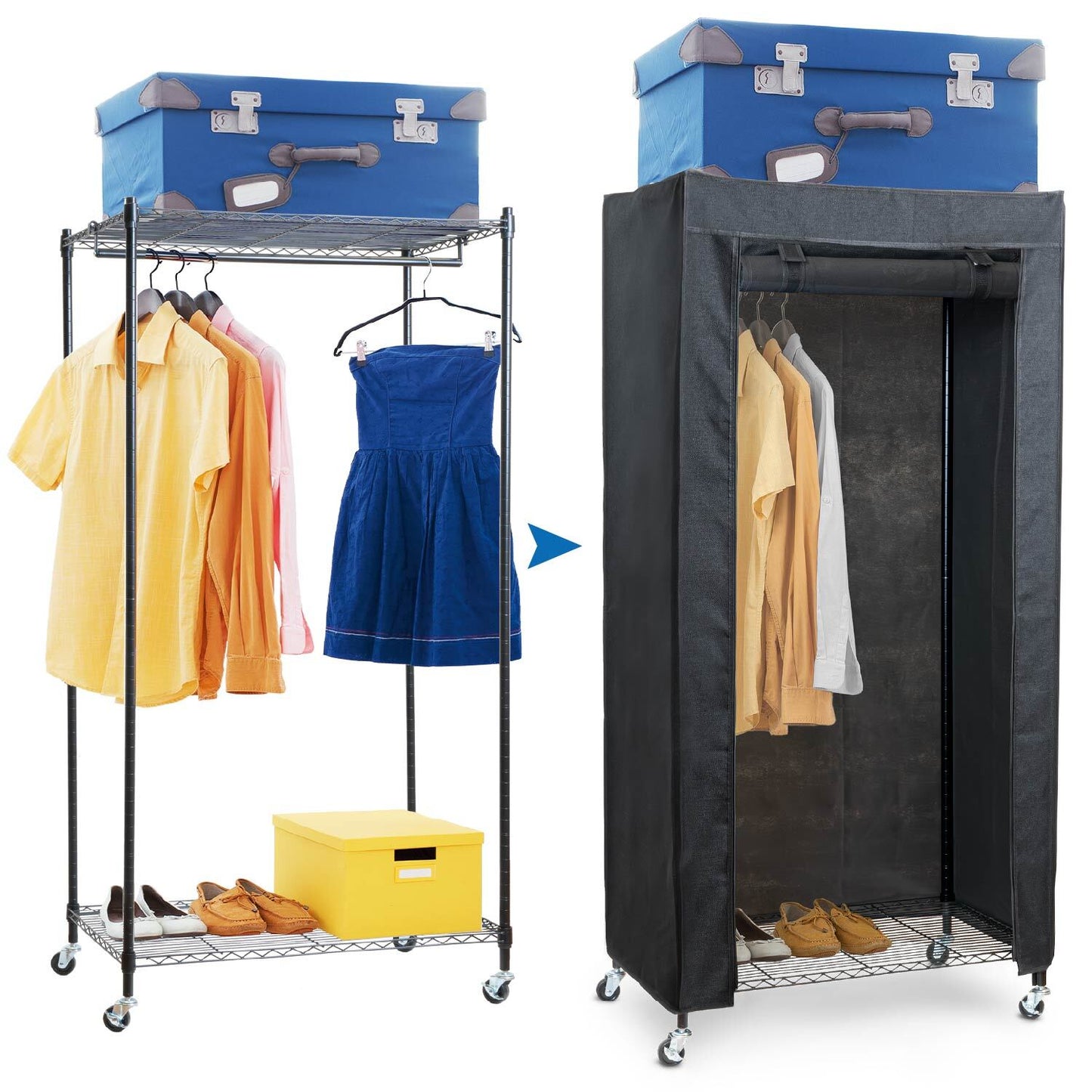 Penderie Tissu, Armoire Tissu, avec Roulettes, Portant Vêtement Solide, Jusqu'à 70kg, Penderie avec housse noir lin, art moon Buffalo, 1