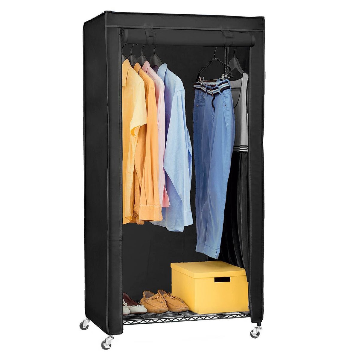Penderie Tissu, Armoire Tissu, avec Roulettes, Portant Vêtement Solide, Jusqu'à 70kg, Penderie avec housse noir coton, art moon Buffalo, 4